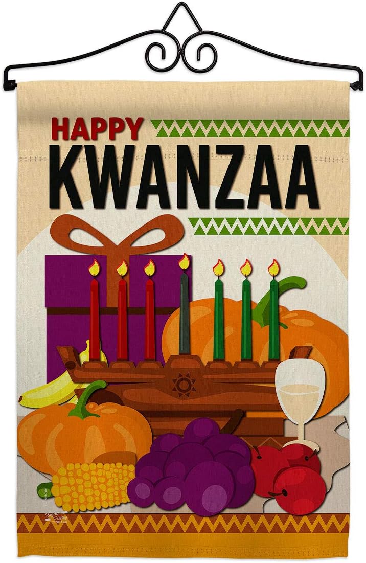 Happy Kwanzaa Party Garden Flag Set Wall Hanger Black History Kinara Candles Celebrates African Americans Heritage Small Decorative Gift Yard House Banner Made In USA 13 X 18.5