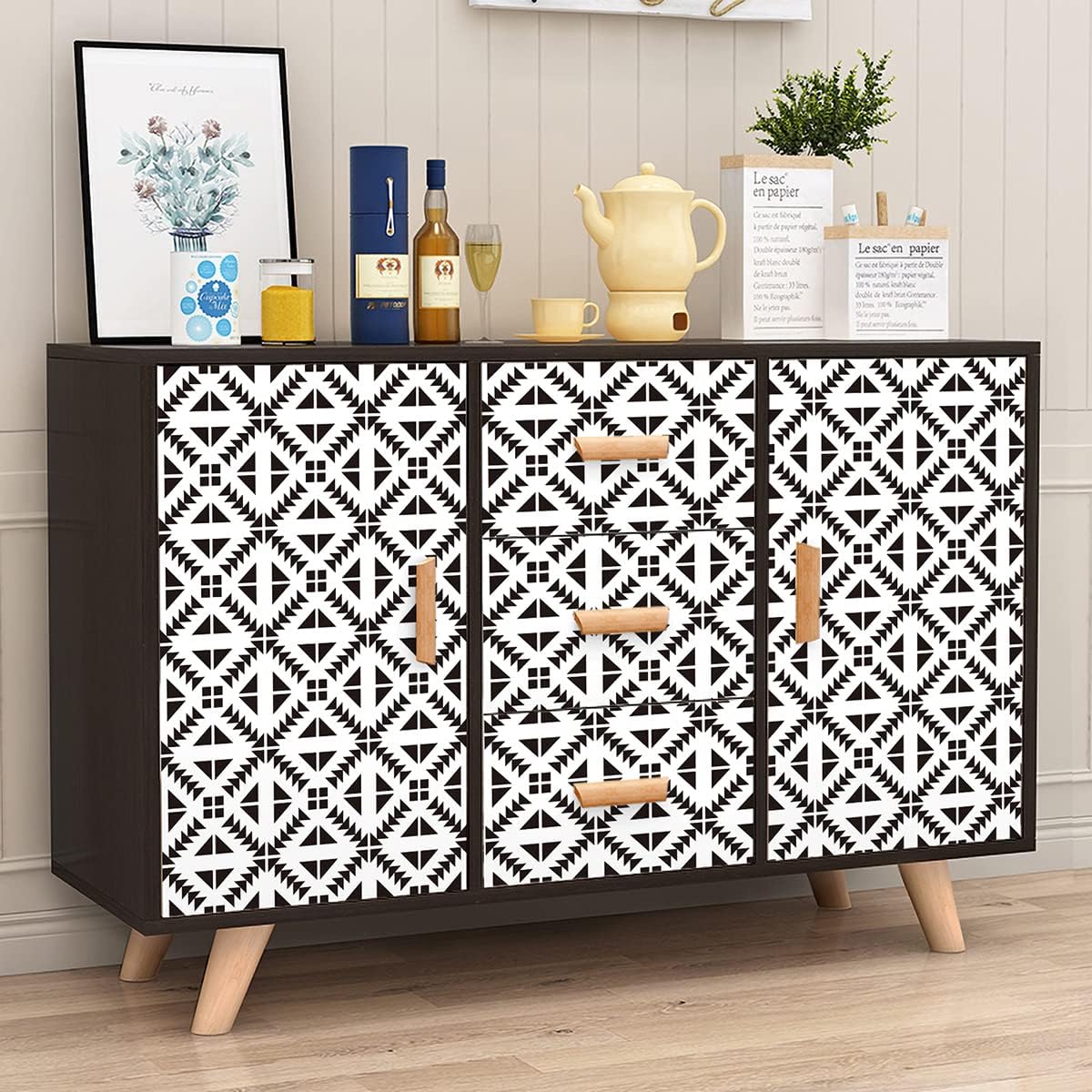 Jeweluck Black and White Peel and Stick Wallpaper Black and White Removable Wallpaper Peel and Stick Contact Paper Decorative 17.7” × 118.1” Geometric Self Adhesive Wall Paper for Kitchen Vinyl