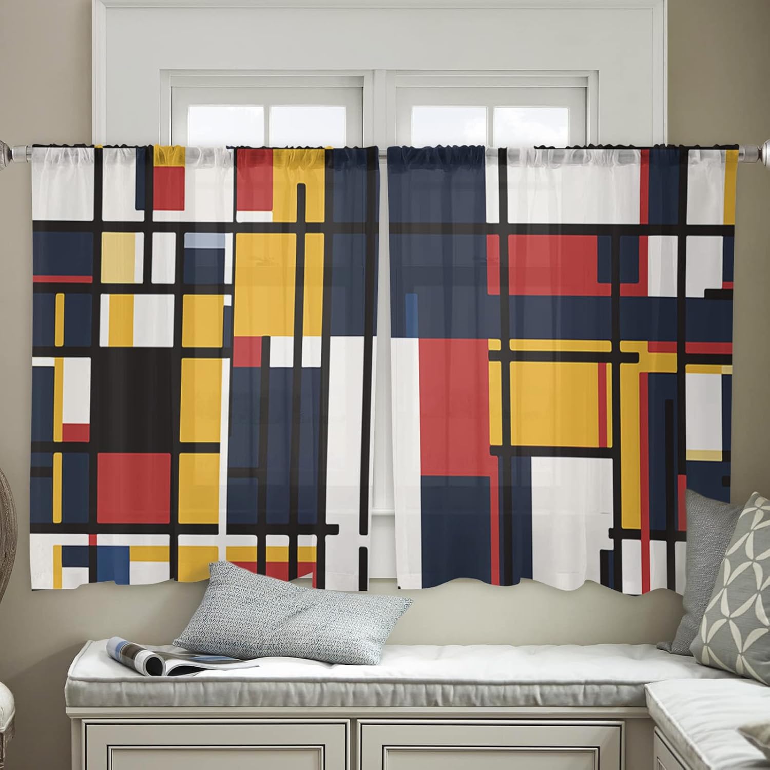Geometric Red Sheer Curtains 45 Inch Length 2 Panels Set for Living Room/Bedroom,Abstract Yellow Navy Plaid Minimalist White Semi Curtain Sheers Drapes Rod Pocket Curtains Window Treatment Set 52x45x2