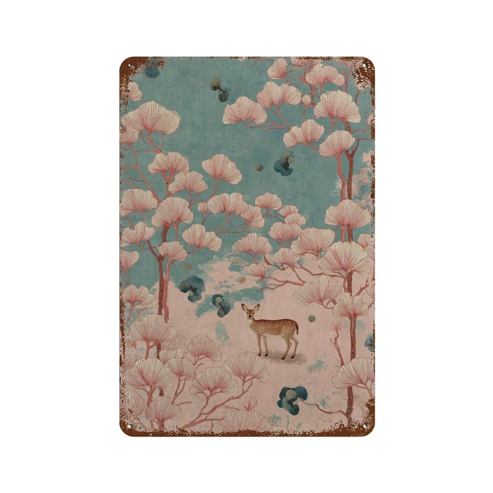 xiaoxiaoshen Deer And Blossom Forest Japanese Style Pastel Nature Landscape Wall Decor Art Metal Tin Poster Modern Home Decor Art Home Bar Shop Decorations Vintage Sign 30x20cm