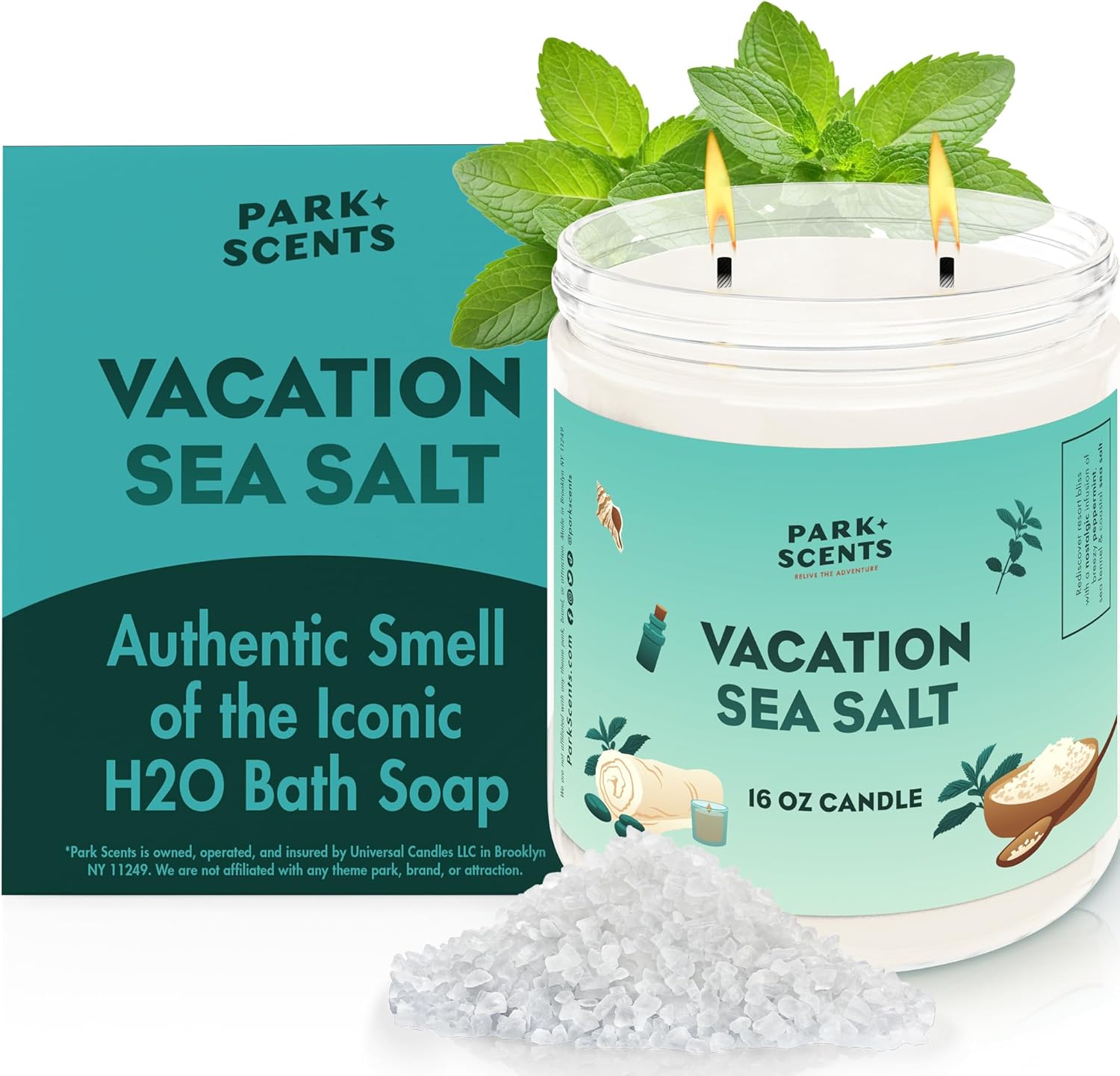 Park Scents Vacation Sea Salt – Theme Park Luxury Hotel Candle – Peppermint Eucalyptus Musk Scent – Vegan Soy Wax Blend Handmade in USA – Gifts for Women, Hostess, Sister, Birthday (16 oz. Glass Jar)