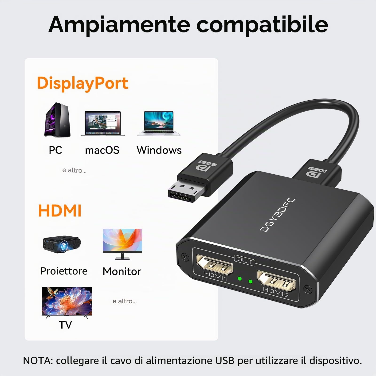 Adattatore da Displayport a doppio HDMI 1 In 2 Out Dual 4K60Hz Extend/Copy DP 1.2 a 2 HDMI Splitter per Due Monitor Supporta Modalità SST/MST (MacOS Supporta Solo la Modalità SST)