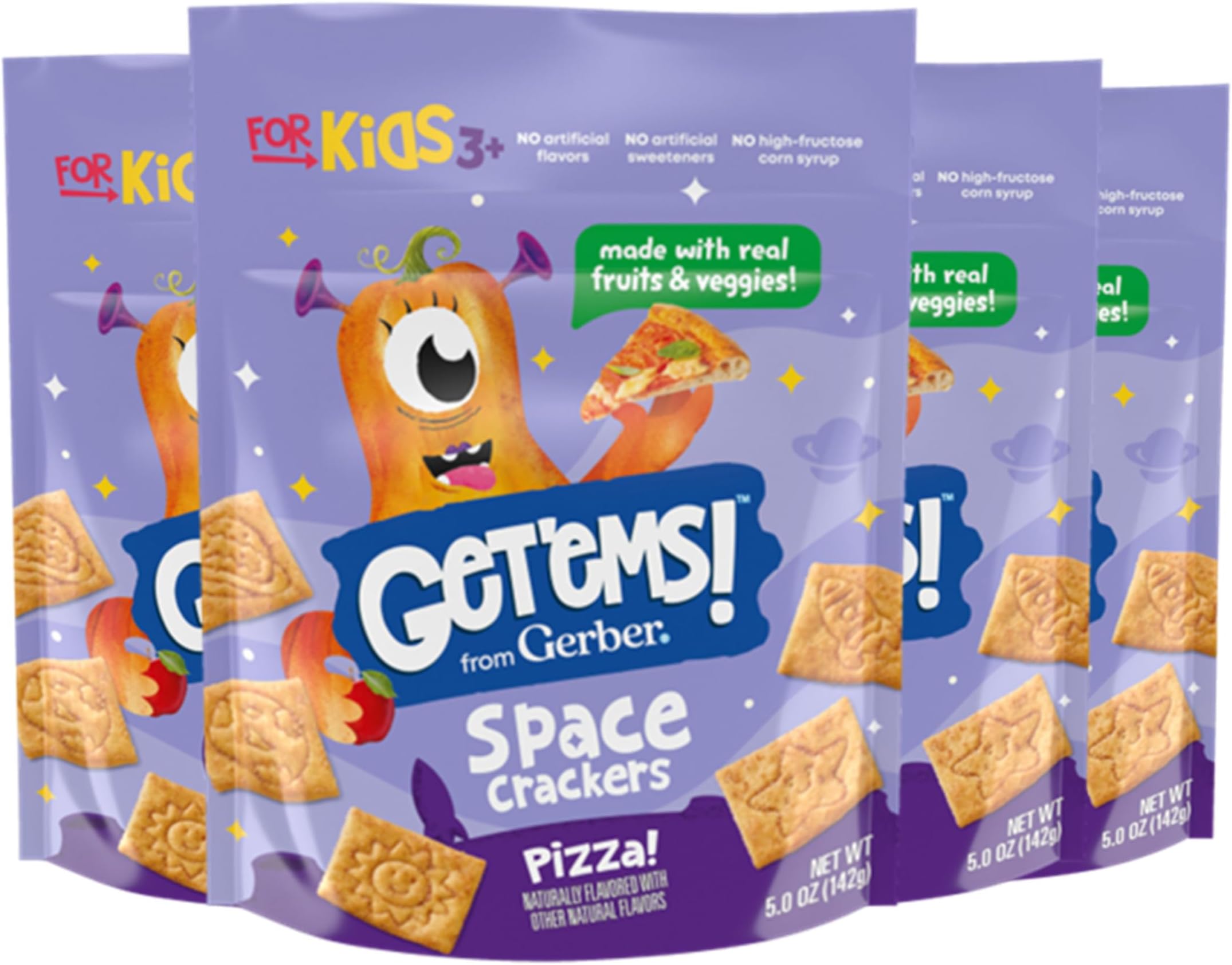 from Gerber, Snacks for Kids, Pizza Space Crackers, Made with Real Veggies & Fruits, Iron & Vitamin E - 4 pack