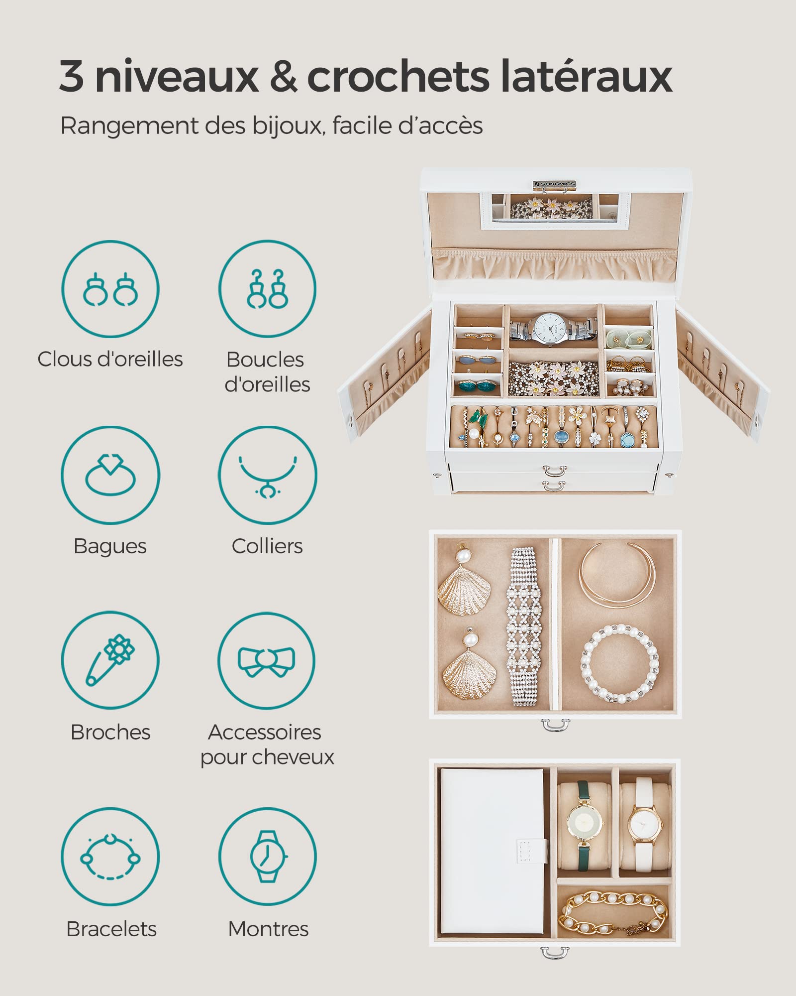 SONGMICS Boîte à Bijoux 3 Niveaux, Écrin 2 Tiroirs, Coffre de Rangement, avec Mini-boîte Portable, Poignées, Verrouillable, Revêtement en Blanc Classique et Doublure en Jaune Sable JBC121W