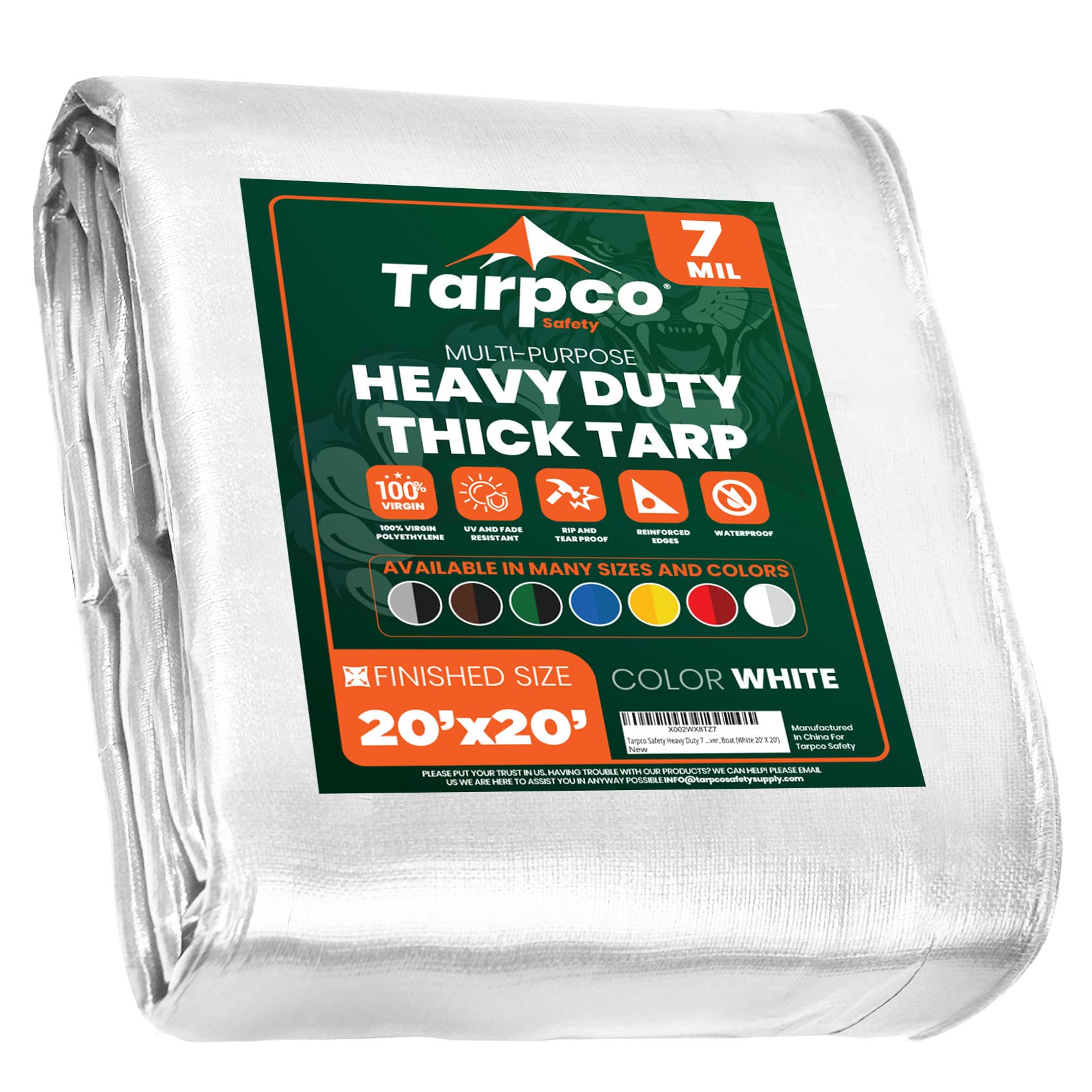 Tarpco Safety Heavy Duty 7 Mil Tarp Cover, Waterproof, UV Resistant, Rip and Tear Proof, Poly Tarpaulin with Reinforced Edges for Roof, Camping, Patio, Pool Cover, Boat (White 20′ X 20′)