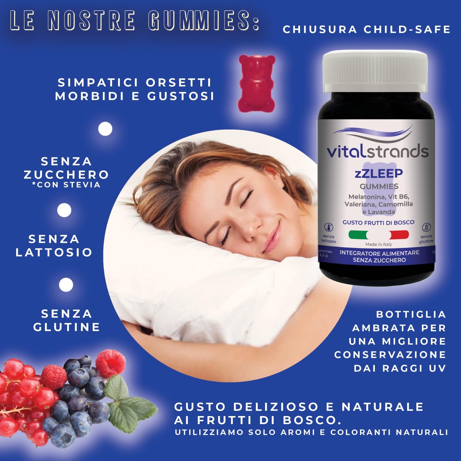 VITALSTRANDS zZLEEP | Melatonina per Dormire forte con l'aggiunta di erbe | Pastiglie per Dormire Meglio con Melatonina e Valeriana, Vitamina B6, Camomilla e Lavanda | 60 Caramelle per Dormire