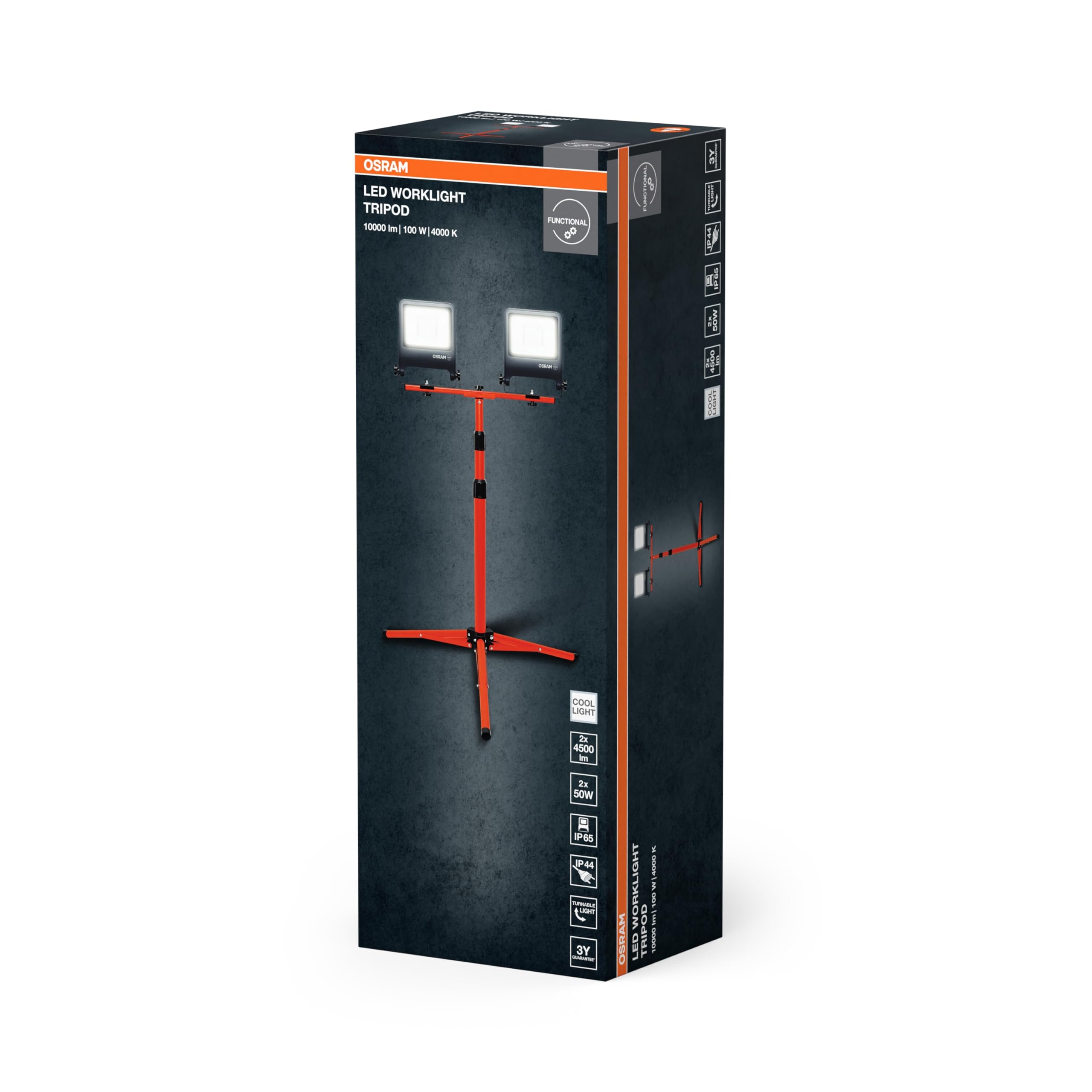 Osram Worklights Tripod, Arbeitslicht mit 2x50W Strahler und Stativ, 4000K, 2x4500 Lumen | LED Worklight Tripod, Outdoor Lighting (Special), Dunkelgrau, 30000 h, 1-Pack