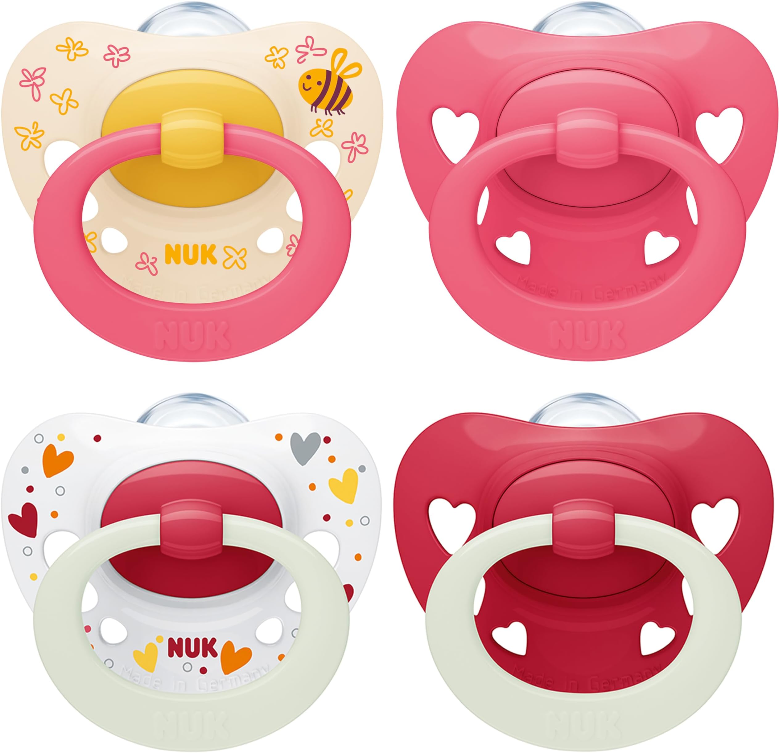 NUK Signature Day & Night Baby Pacifier | 18-36 Months | Soothes 95% of Babies | BPA Free Silicone Heart Shaped Pacifier | Glow in the Dark | Hearts | Pack of 4