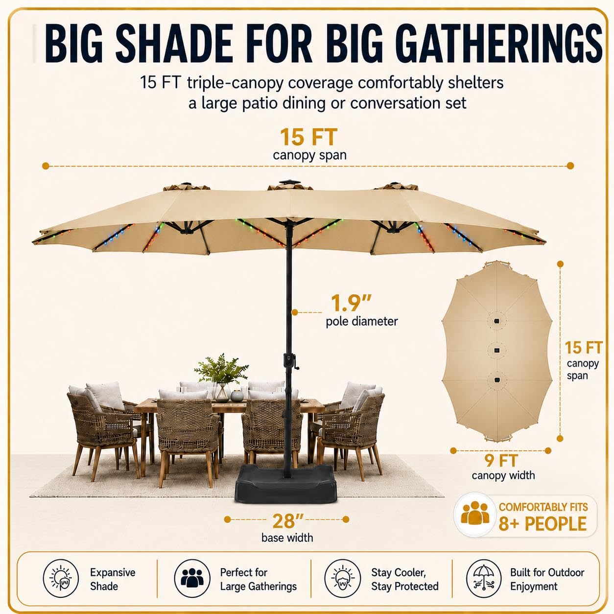 Yaheetech 15FT Double-Sided Patio Umbrella w/RGB Solar Lights & Base, Tan