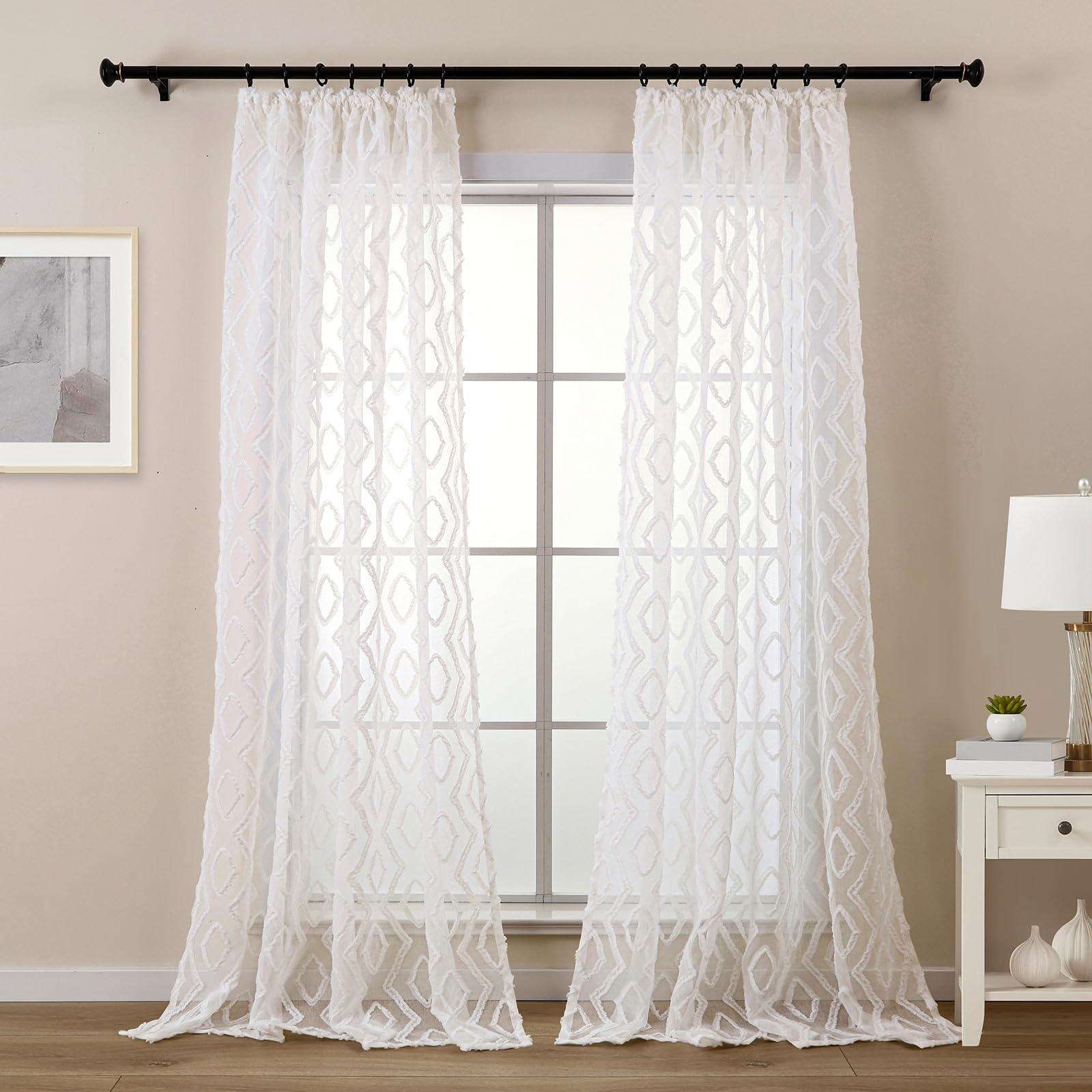 L.Z.E Vorhänge Weiss für Wohnzimmer, Gardinen Weiß mit Kräuselband für Schienensystem, Transparent Schiene Vorhang Store Boho Gardine für Schlafzimmer, 2er Set Modern 245 cm Lang Naturweiß