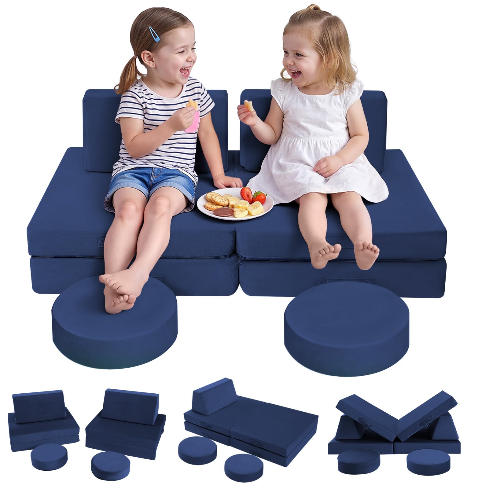 MeMoreCool Kids Play Couch Bed, Modular Toddler Sofa Chair for Playroom, 8-Piece Fold Out Baby Couch Play Set, Children Convertible Foam Sofa for Girls Boys, Navy Blue — image 1