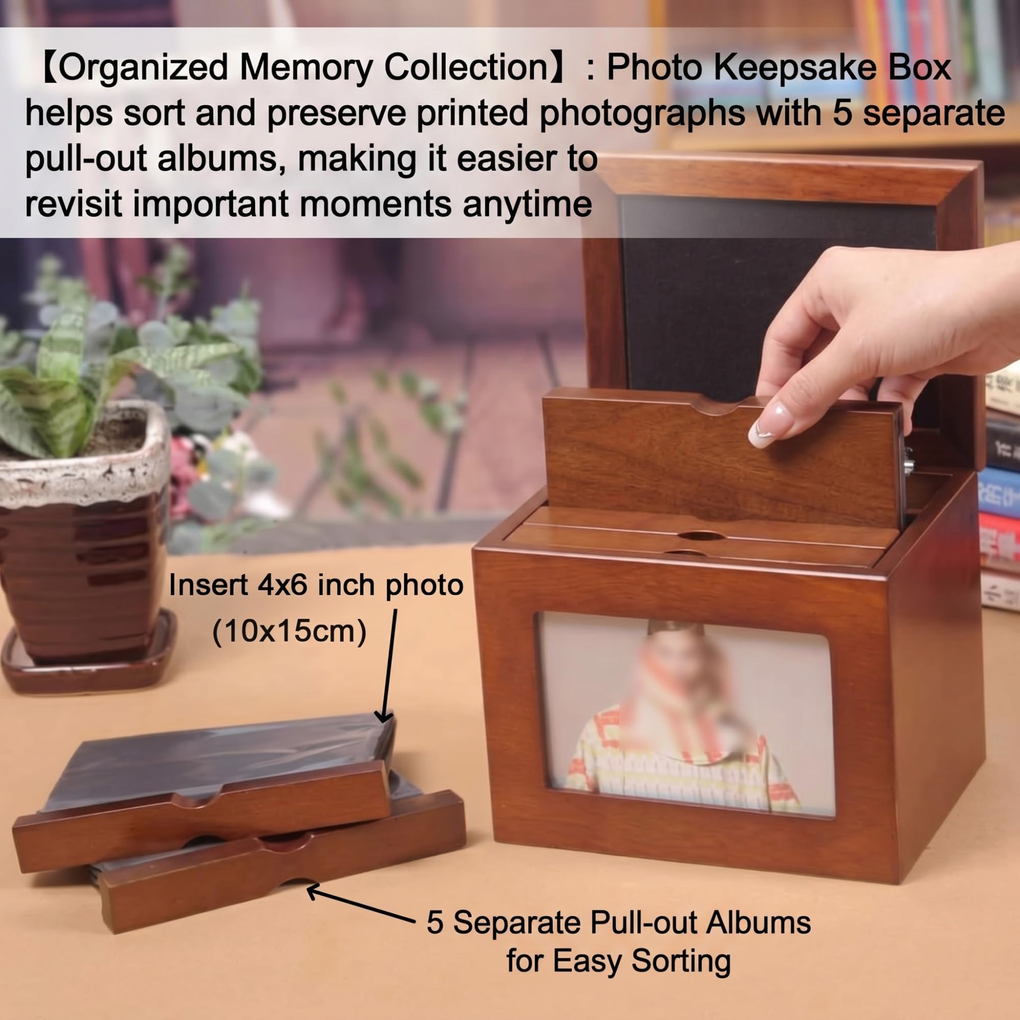 Caja de almacenamiento de álbum, caja de recuerdos de madera con 5 álbumes de fotos extraíbles para fotos de 6 x 4 pulgadas, capacidad para 100 fotos, marco de fotos para decoración del hogar
