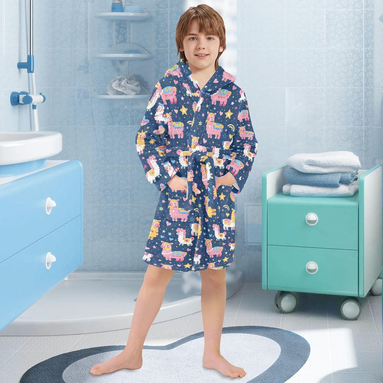 senya Colorful Cute Alpacas T Toddler Hooded Bathrobe Kids Soft Plush Bath Towel Robes for Boys Girls 2-12 Years
