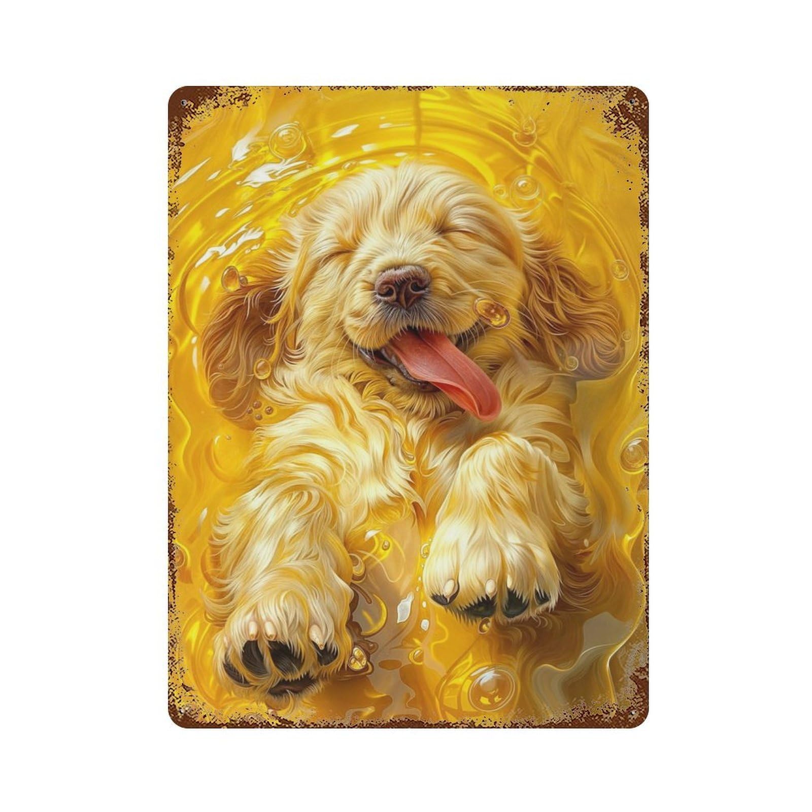 Golden Retriever in Gold Distressed Metal Wall Sign 15.7"x11.8", Ideal for Cafe, Home Bar And Lounge Decor