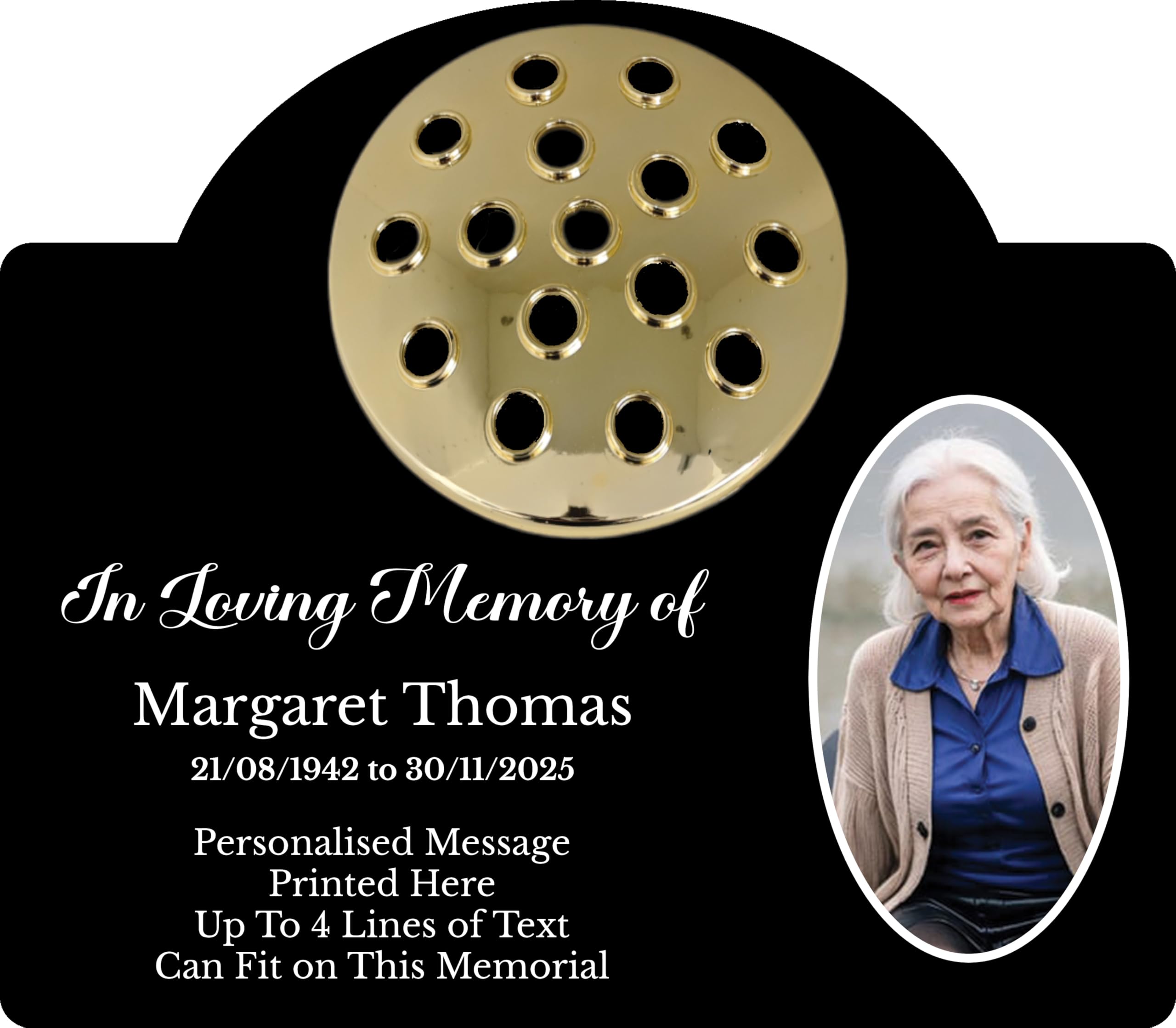 1stclassgifts Personalised Metal Grave Stone Marker Headstone Memorial Plaque, In Memory Sign Remembrance Your Photo Grave Vase Flower Holder (UV PRINTED) (Black, Gold Lid) โ image 1