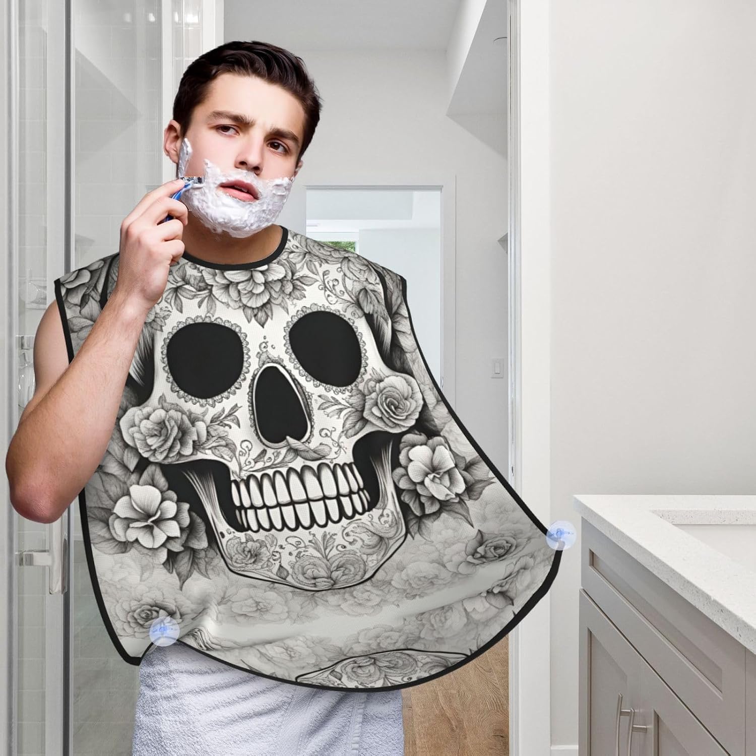 Mexican Skull Print Beard Bib Apron For Men, Beard Hair Catcher For Men Shaving Trimming,Beard Cape Cloth
