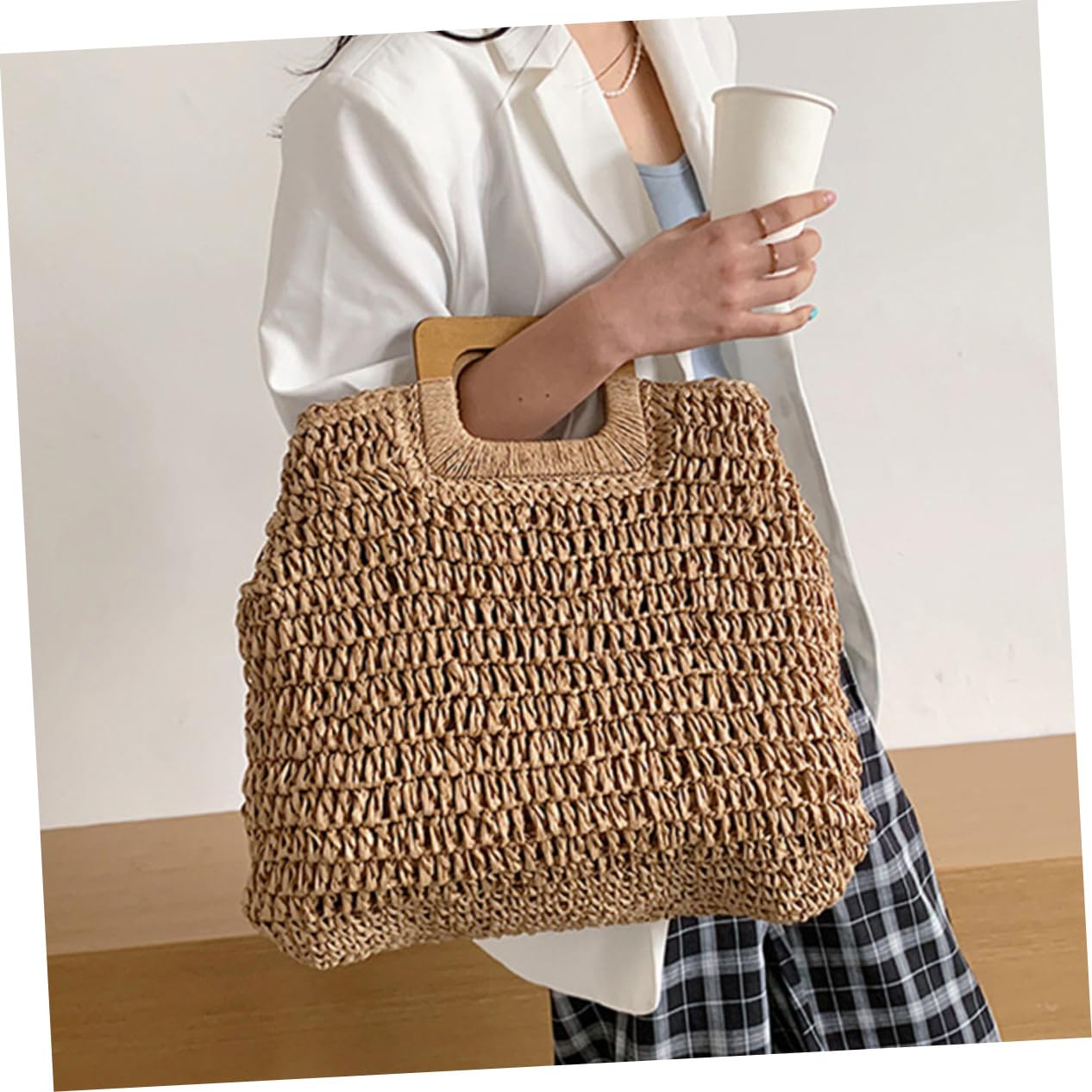 GALPADA Bolso Playero Grande de Paja Khaki Tejido a Mano para Mujer