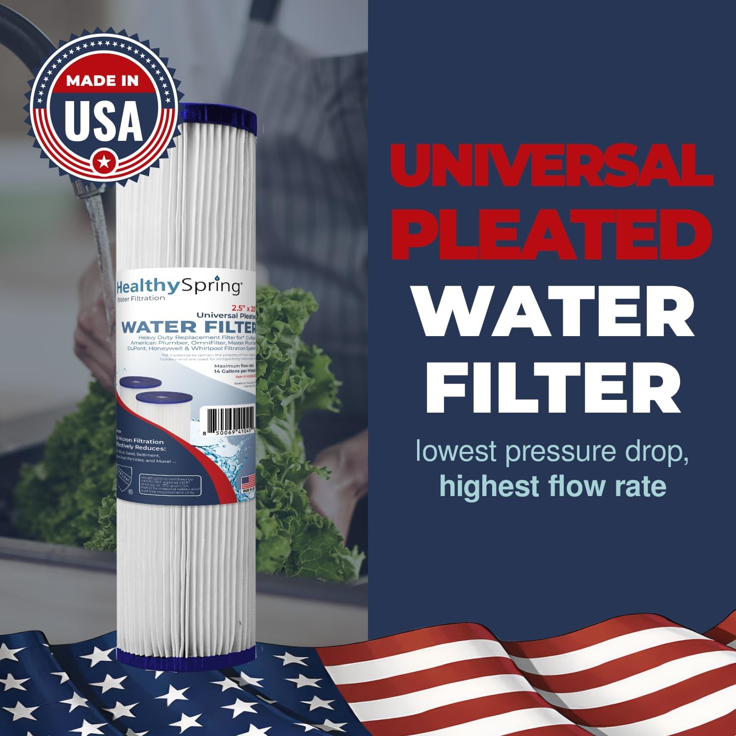 High-Performance 20 Micron 20x2.5 Whole House Pleated Sediment Filter Cartridge for Well Water Filter Replacement Compatible with ECP20-20, S1-20, Made in USA, 4 Pack