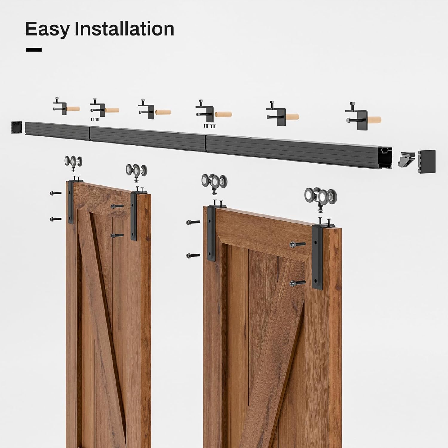 144/12FT Double Barn Door Hardware Kit Box Rail, Exterior Barn Door Hardware Kit Wall Mount, Heavy Duty Aluminium Alloy Track (No Panel)