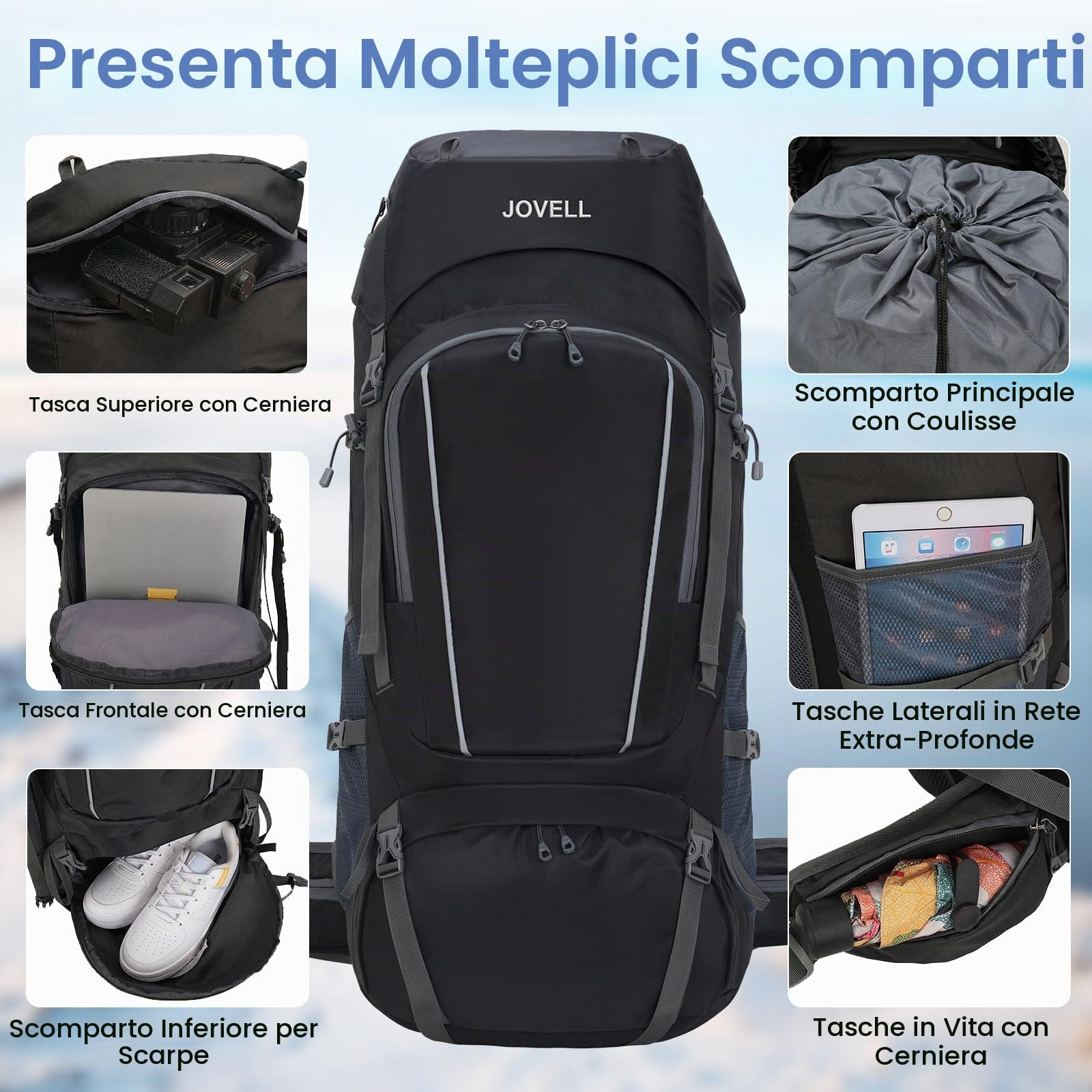 Zaino da Escursionismo con Copripioggia, Pacchetto da Viaggio e Campeggio per Sport all'Aria Aperta, Arrampicata, Touring ed Escursionismo, Bagaglio da Zaino per Uomini e Donne (Nero)