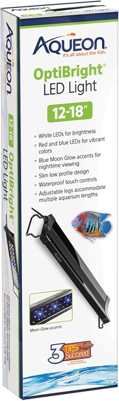 Lámpara LED para acuario Aqueon OptiBright para pecera, 12-18 pulgadas | Luz para pecera con controles táctiles impermeables, LED diurnos blancos/rojos y brillo de luna azul, apto para tanques de 10 a 20+ galones