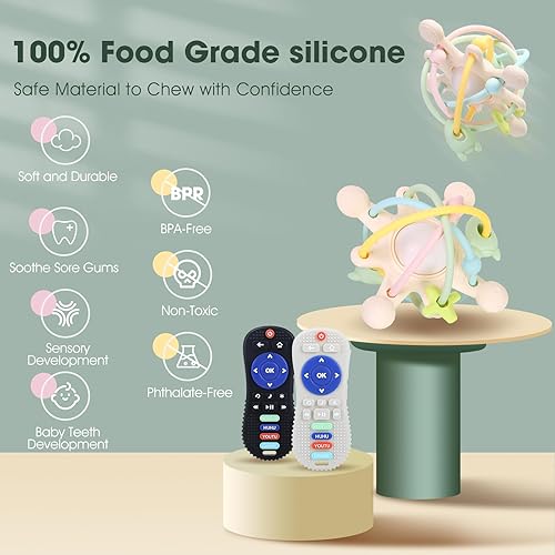 Miniatura 9 de Juguetes de dentición para bebés de 0 a 6, 12 y 18 meses, paquete de 3 mordedores de silicona para alivio de la dentición del bebé, juguetes de