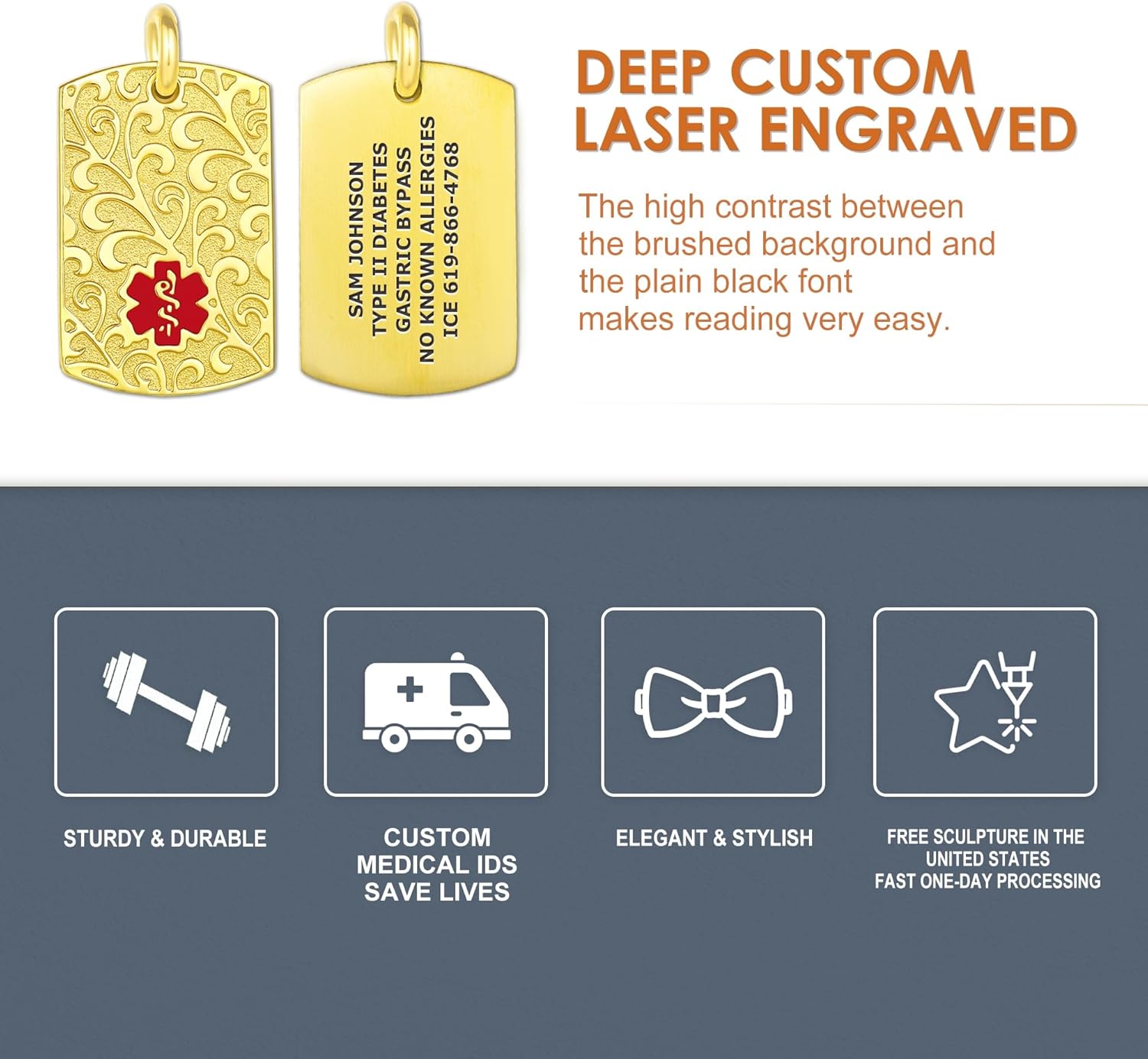 Divoti Custom Engraved Medical Alert Necklace for Women | Filigree Medical ID Necklace with Red Caduceus | 4-Line Personalized Emergency ID | Snake Chain with Lobster Claw Clasps