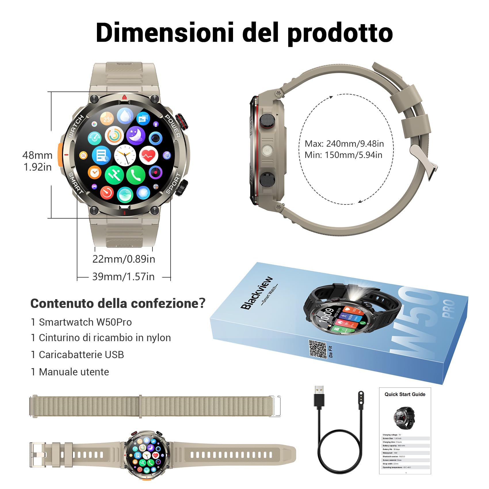 Blackview Smartwatch Uomo, Orologio Intelligente Fitness con Chiamate Bluetooth,1.45" Militari Smart Watch Tracker 100+ Modalità Sportive per Cardiofrequenzimetro,SpO2, Torcia,Bussola per Android iOS