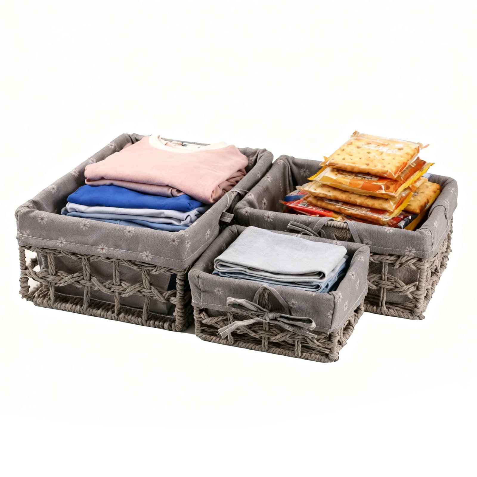 KiKiHong Set of 3 Storage Baskets,Woven Basket Boho Woven Paper Rope Organizers for Bathroom,Cosmetics & Toys,Table Organiser（Grau）