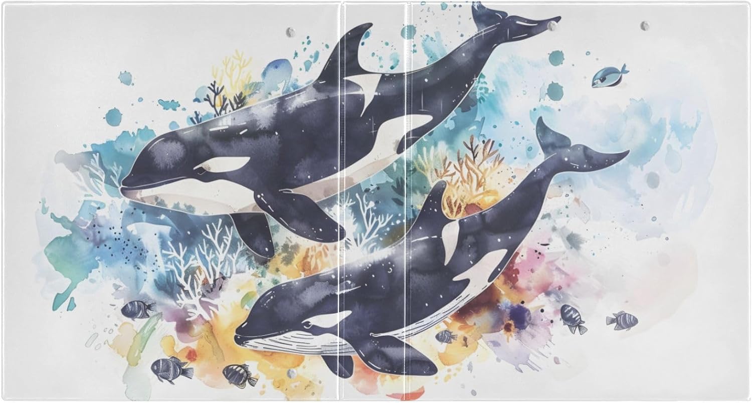3 Ring Binder Watercolor Killer Whales Fish 1.5 inch Binders Three Ring Binders with Clipboard Fit 8.5'' x 11'' Paper 3 Interior PVC Clear Pockets for Office Supplies