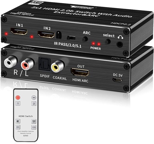 4K HDMI Switch, Tendak 2 Port HDMI 2.0 Switch Box 2x1 HDMI Switcher + Optical Toslink L/R Audio Extractor with IR Remote Support Ultra HD 4K@60Hz HDCP 2.2 ARC 3D for PS4, Xbox One, Blu-ray DVD
