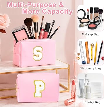 Personalised Makeup Bag - Birthday Gifts for 4 5 6 7 8 9 10 11 12 Year Old Teenage Girls, Initial Teenage Girl Gifts - Preppy Stuff Cosmetic Bags Womens Stocking Filler Gifts (Pink P)