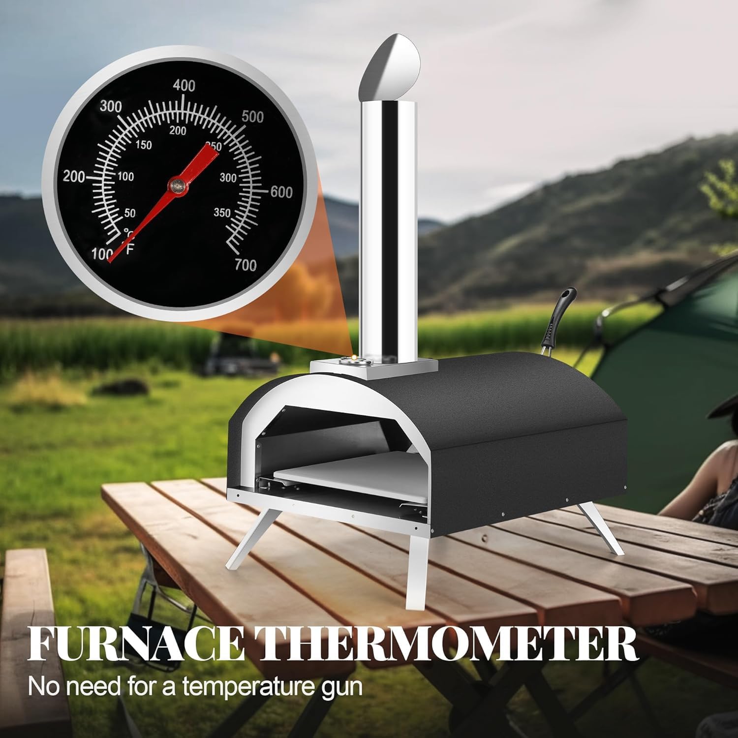 12" Portable Wood Fired Pellet Pizza Oven, Stainless Steel Outdoor Pizza Maker with Built in Thermometer for Backyard Camping Picnics