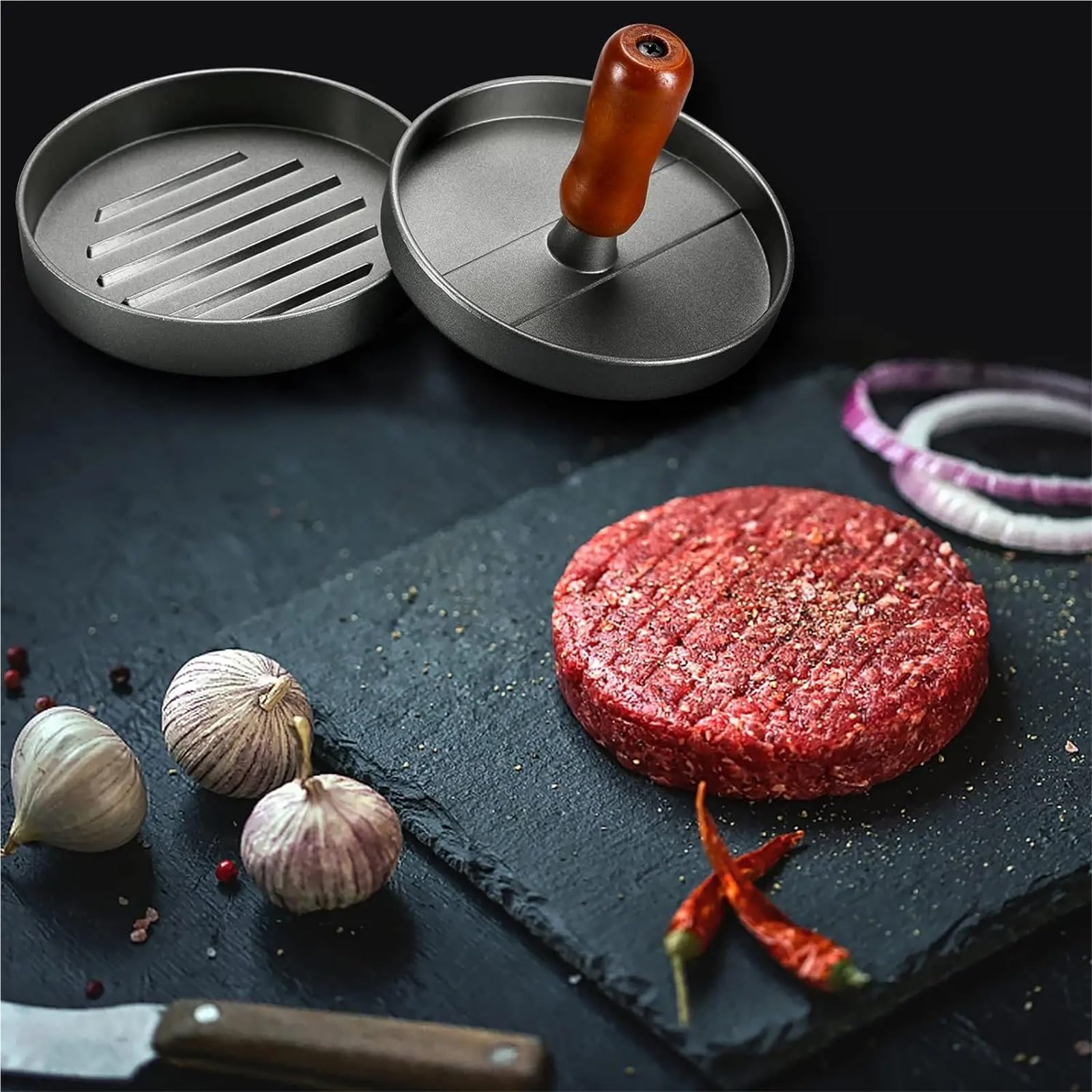 Hamburger-Patty-Maker, Burgerpresse Patty Maker Edelstahl Hamburgerform Holzgriff antihaftbeschichtet mit 100 Papieren