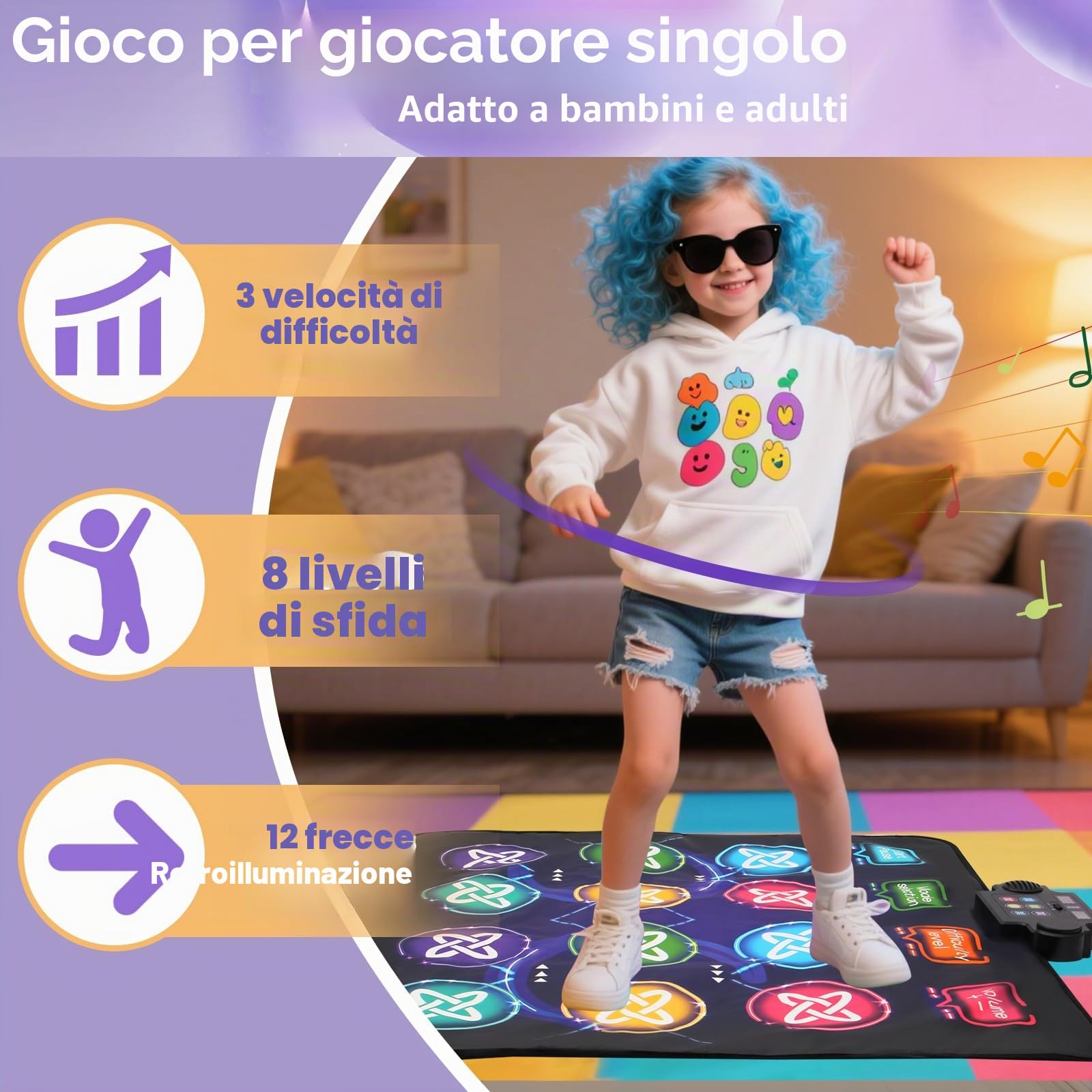Tappeto da Ballo Doppi Bambini per Ragazze 3-12 Anni con 3 modalità di Difficoltà, Pedana di Gioco Antiscivolo per 2 Giocatori, Tappetino da Ballo Musicale in Materiale PVC Sicuro per Interno