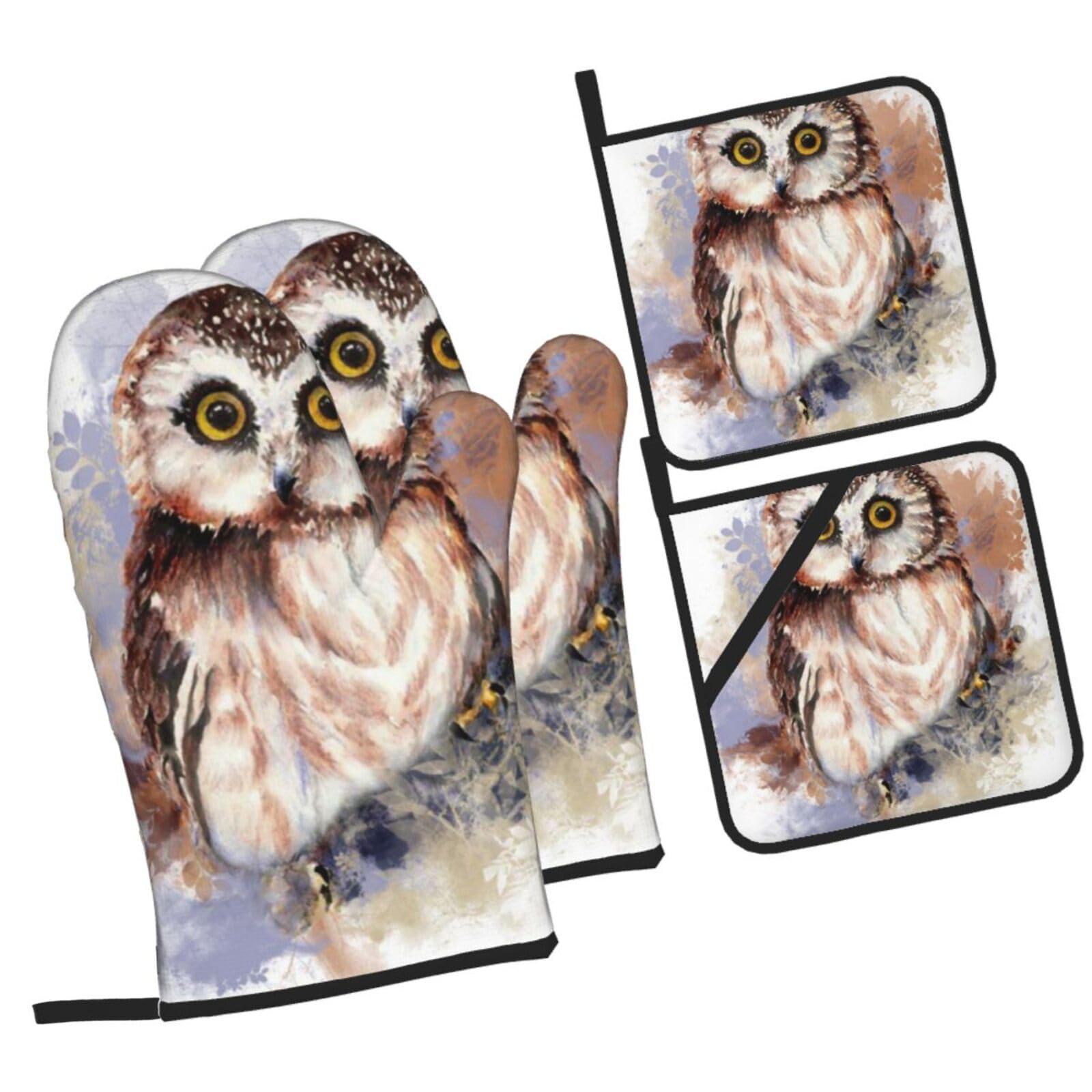Owl Printed Oven Mitts and Pot Holders Heat Resistant Set of 4 Pcs, Modern Kitchen Gloves & Potholders for Cooking Baking Grilling