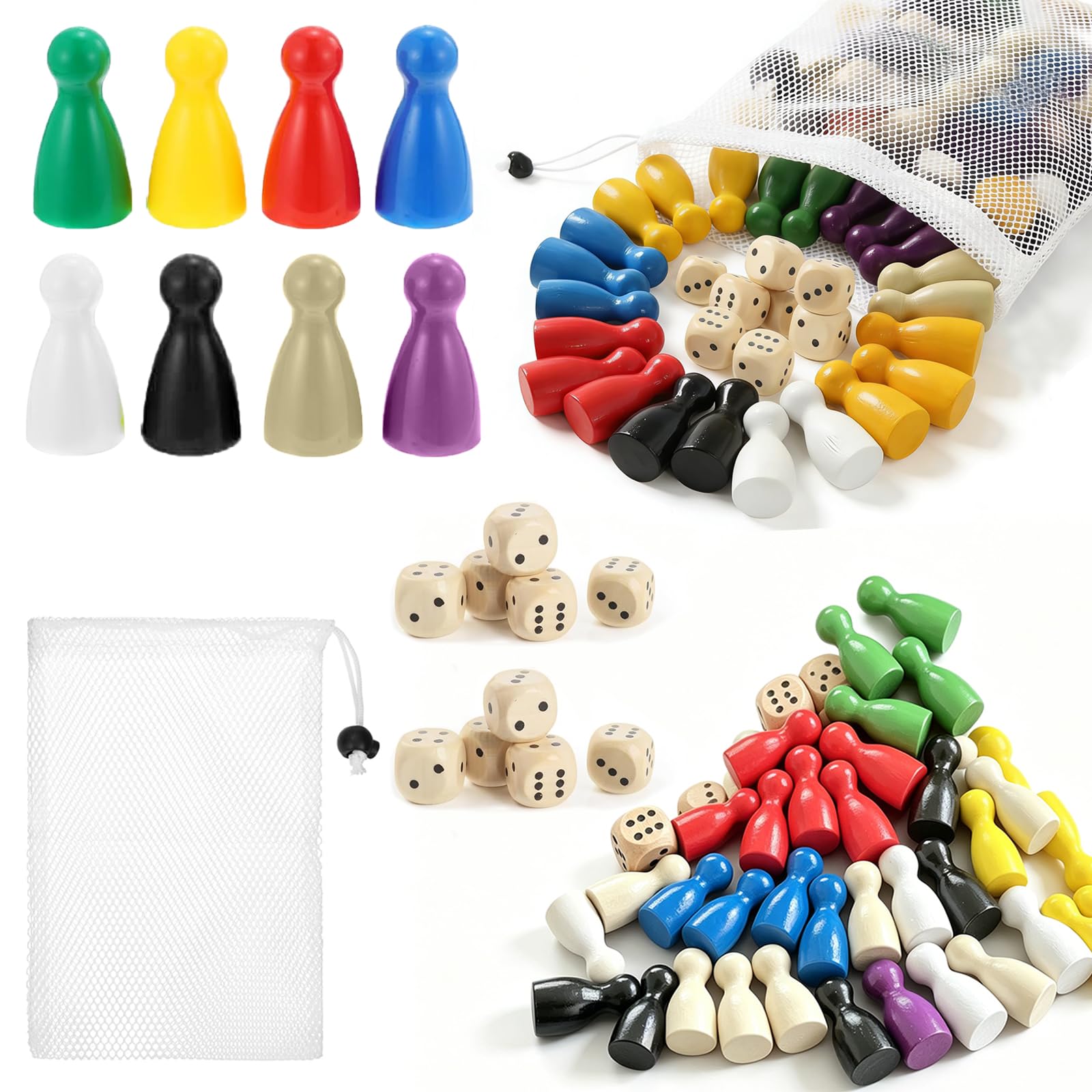 MUYAPAY 160 Pcs Wooden Pawns Board Game Pieces Multicolor Pawns Boards Game Pawn with 16 Dice and 1 Drawstring Mesh Bag for Tabletop Markers Playing Board Games Chess and Other Gaming Accessories