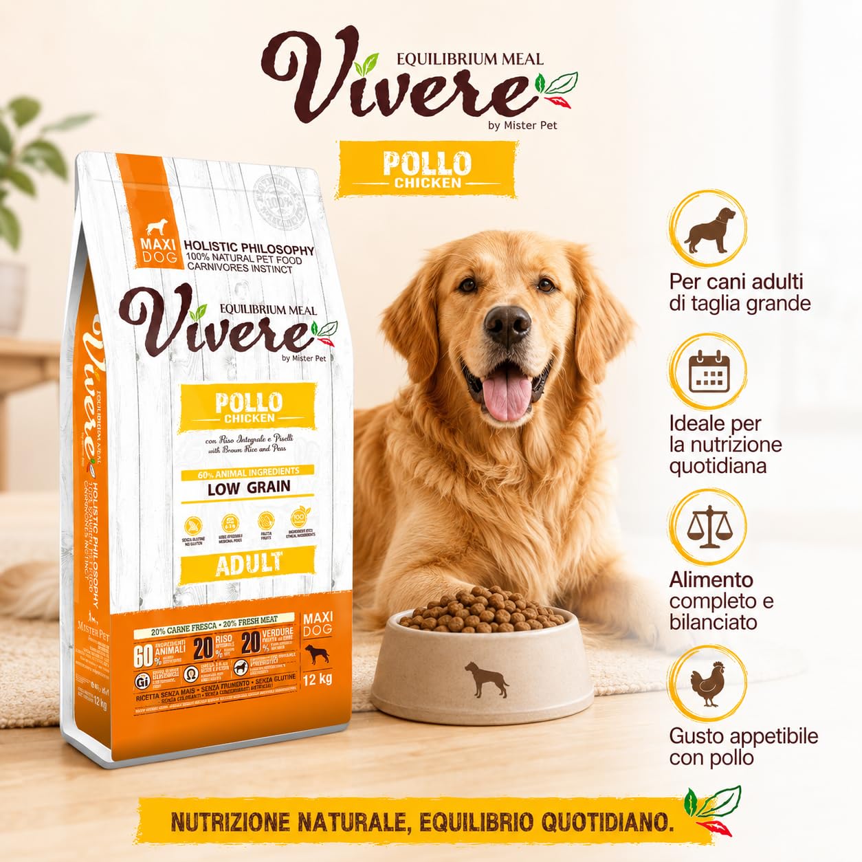 Vivere Adult Maxi Crocchette Cane Adulto con Pollo, Mangime Secco Low Grain Gluten Free per Cani Taglia Grande, Alimento Completo con Omega 3, Prebiotici, Frutta ed Erbe, 12 kg