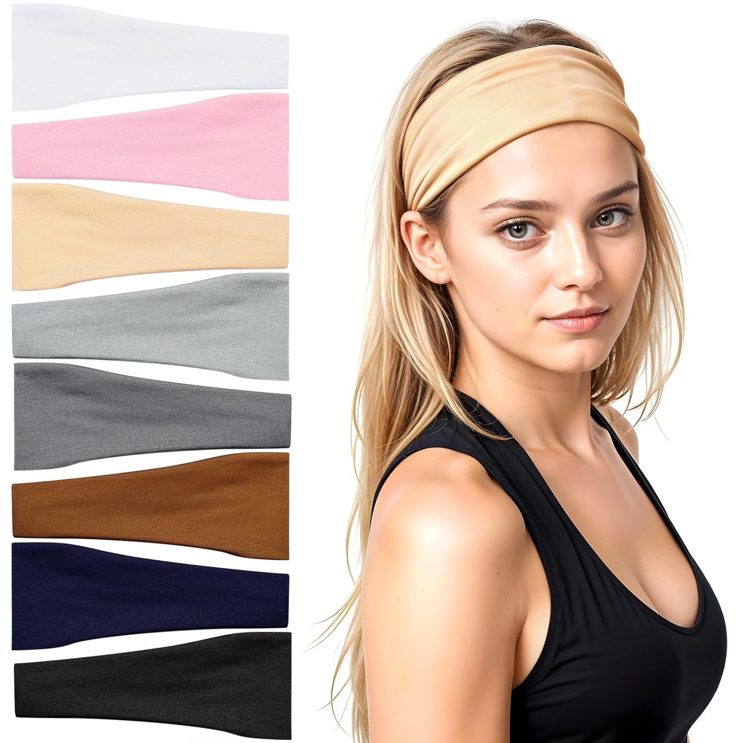 Hot Deals Today 🇺🇸 – obeoby Wide Sport Headbands, 8 Pack Stretchy Headbands Simple Solid...