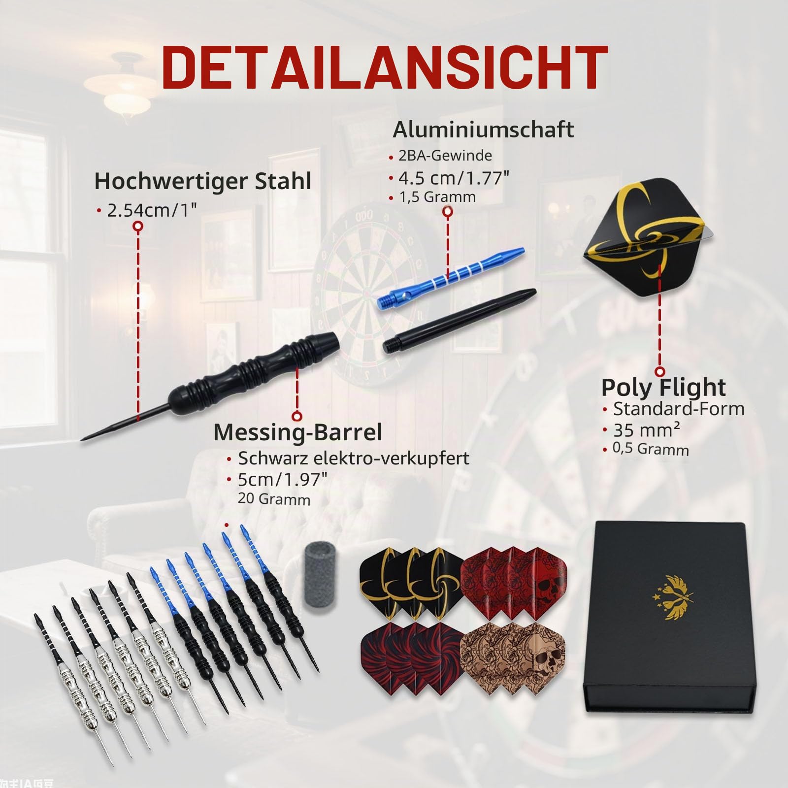 Dartpfeile mit Metallspitze, 12 Stück Profi Steeldarts, Steel Darts Set mit Schaft und Flights,für Anfänger Und Hobbyisten