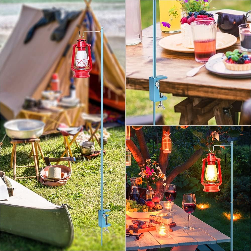 WIOR Camping Lantern Stand, 47 Inch Collapsible Aluminum Alloy Lamp Stand with Stake and Hook, Height Adjustable Lantern Pole Hanger for Outdoor Picnic, Fishing, Backpacking, Camping, BBQ - Navy Blue