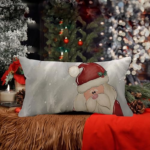 Miniatura 4 de Juego de 4 fundas de almohada de Navidad de 12 x 20 pulgadas, decoraciones navideñas de Papá Noel, muñeco de nieve, árbol de Navidad, creer alegría,