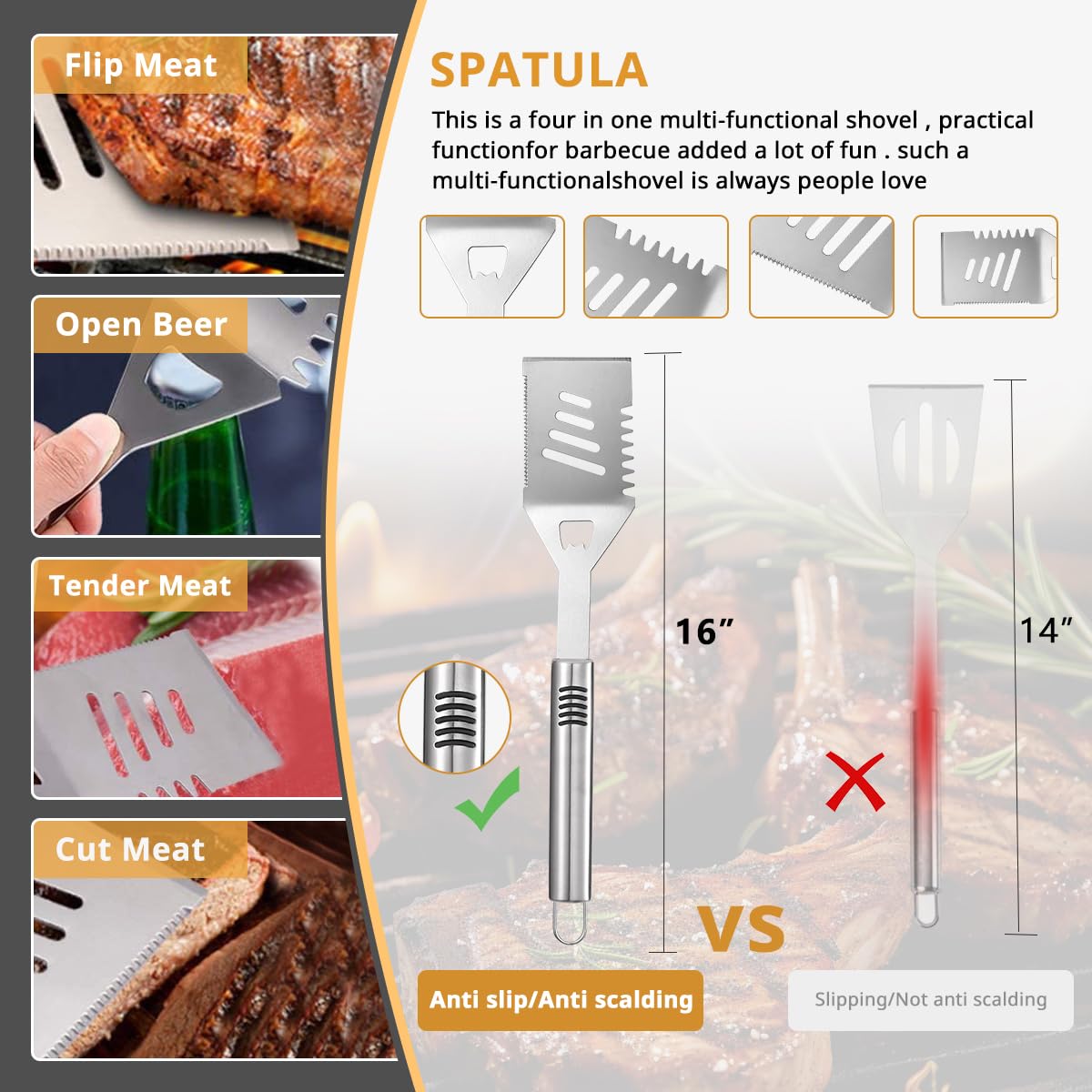 Juego de herramientas de parrilla para barbacoa, kit de accesorios de parrilla de acero inoxidable de 16 pulgadas para hombres, kit de regalo de utensilios de parrilla de barbacoa con bolsa de