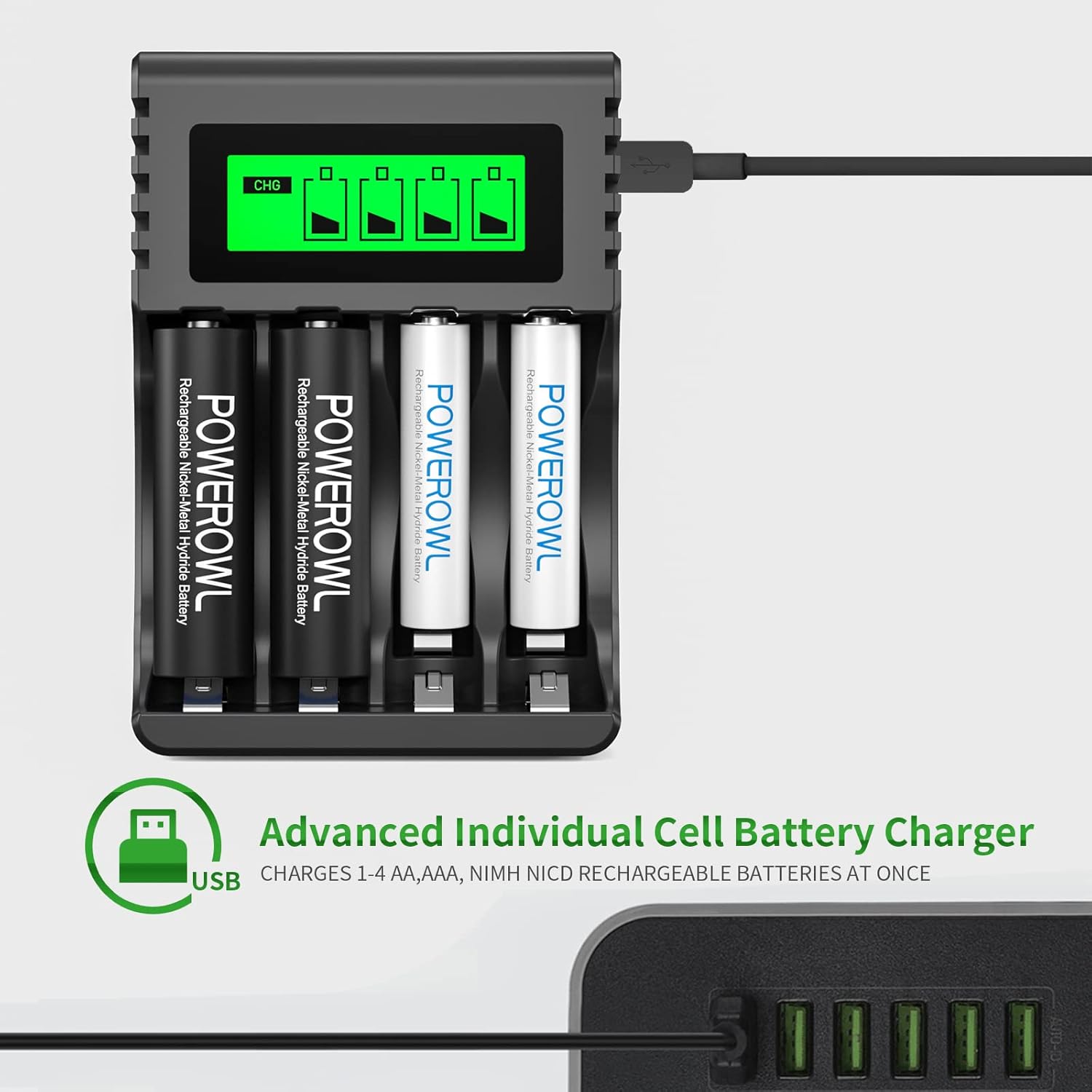 POWEROWL charger connected via USB to a power source