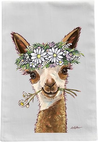 Alpaca Tea Towel - Daisy Flower Crown Alpaca Flour Sack Towel - Alpaca Kitchen Towel - Alpaca Lover Gifts - Alpaca gifts for mom - Handmade -