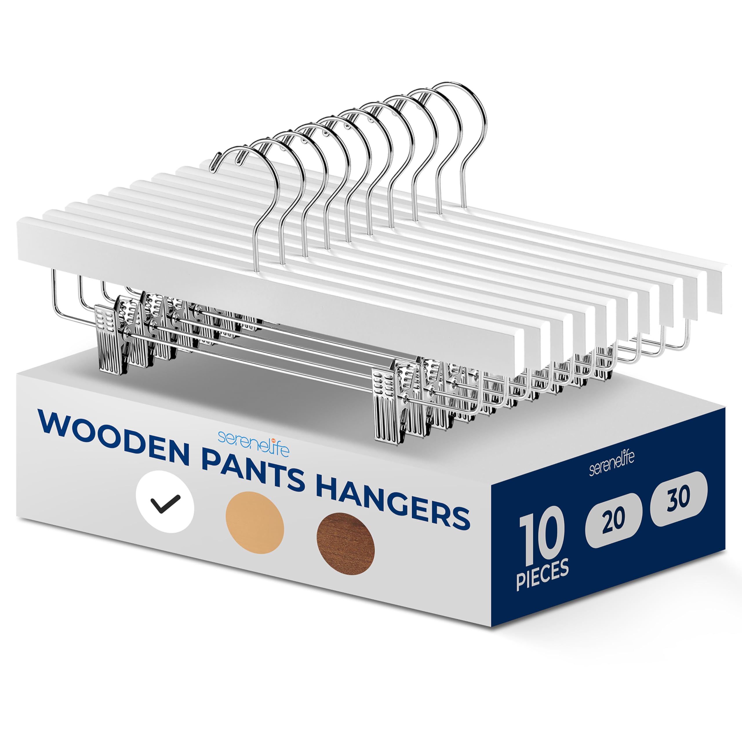 SereneLife White Wooden Trouser Hangers, 35cm Pants Hanger, 10pcs Smooth Wood Skirt Hanger Organizer with Adjustable Anti- Slip Clips, Swivel Hook Space Saving Premium Clothes Hangers