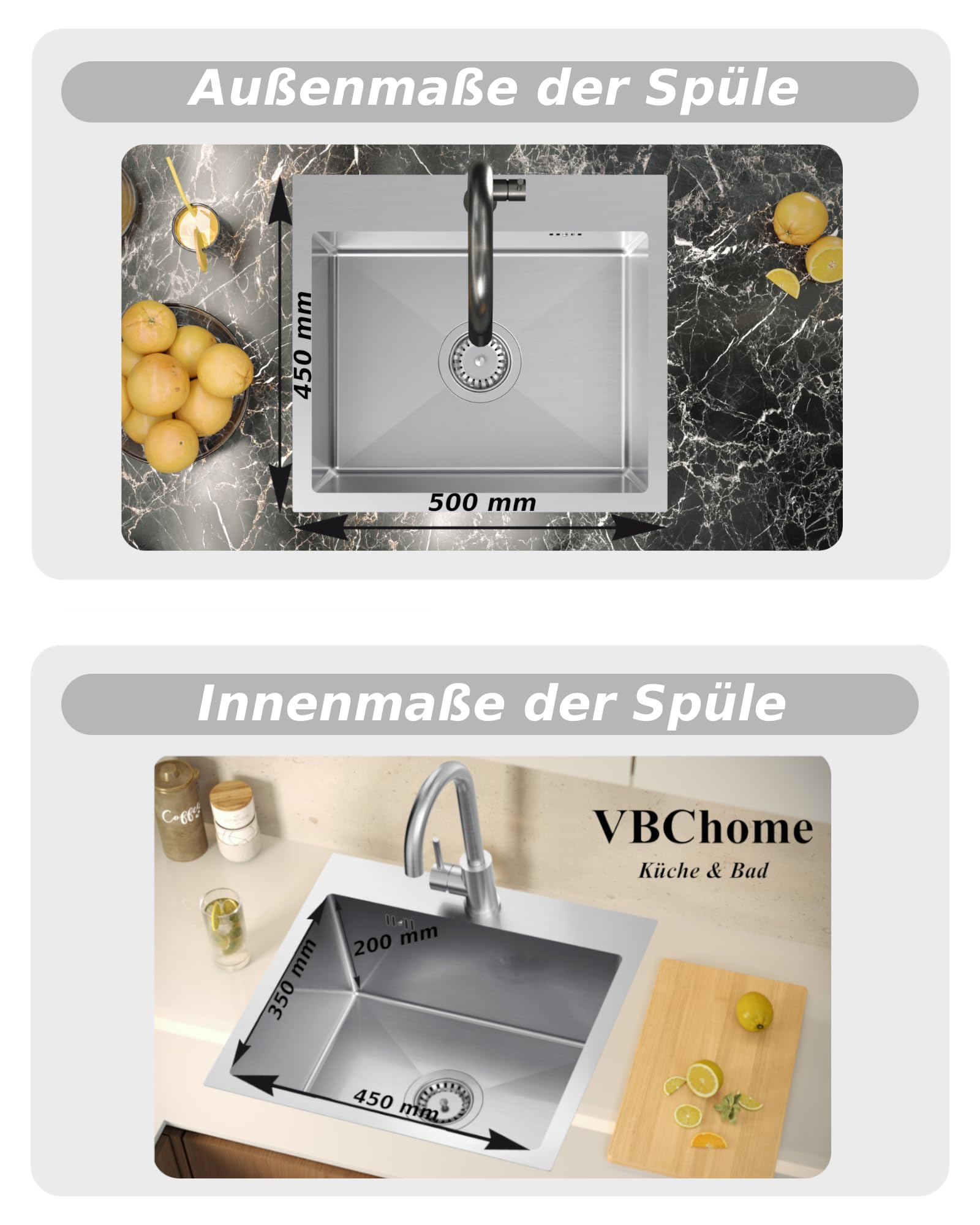 VBChome Roestvrijstalen spoelbak 40x45 cm geborsteld RVS inbouwspoelbak met kraangat grote wastafel afvoergarnituur sifon armatuur met flexibele uitloop keukenspoelbak van roestvrij staal