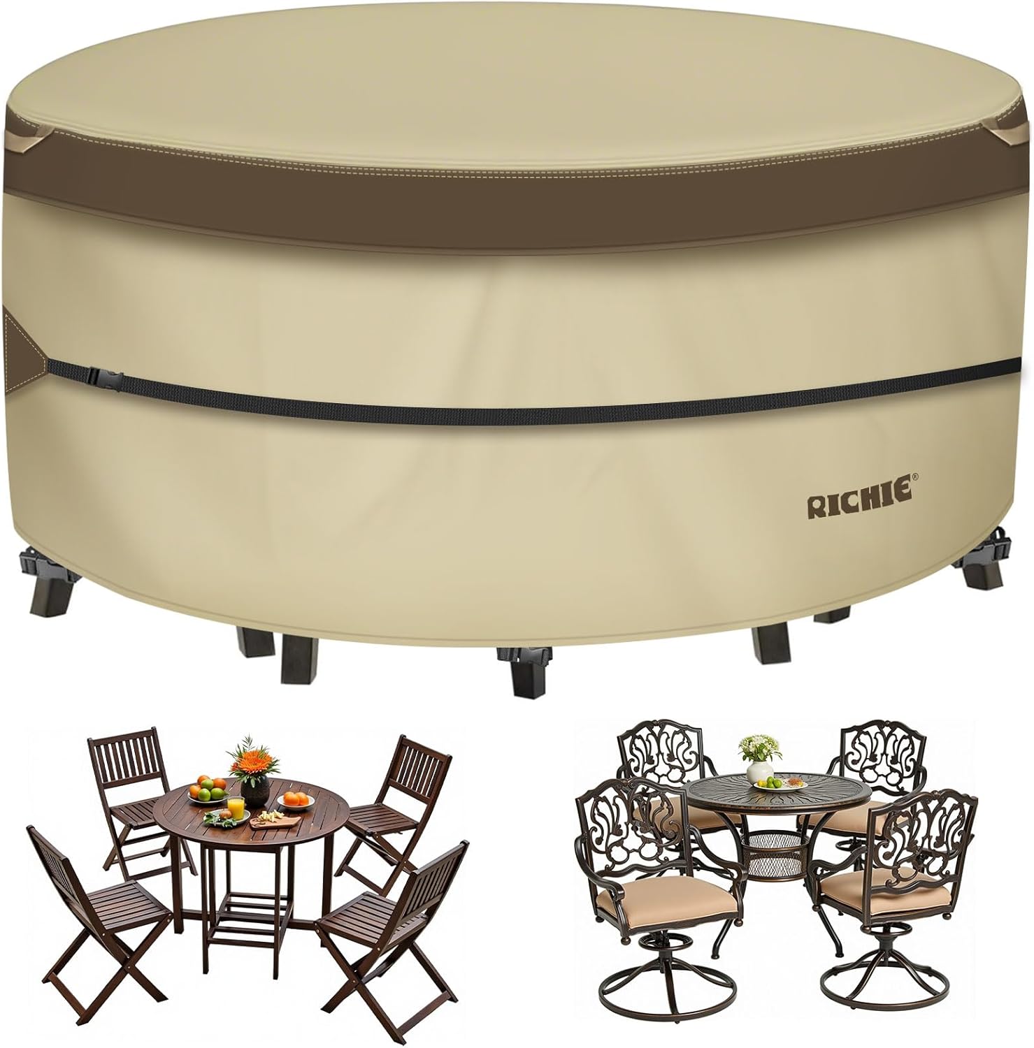 Outdoor Patio Furniture Cover - Heavy Duty Waterproof 600D Tough Canvas Protector for Round Table Cover, All-Season Dining Table and Chair Cover (62" DIAx28 H) Round-62"D x 28"H Beige & Brown