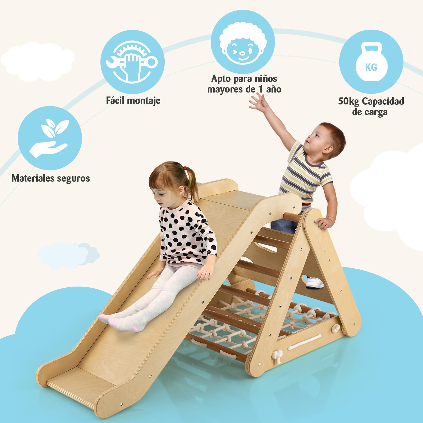 COSTWAY 4 en 1 Triángulo de Escalada para Niños, Escalador Triangular con Tablero Deslizante, Juego de Escalada de Madera para Interior con Red de Escalada para Hogar(Natural)