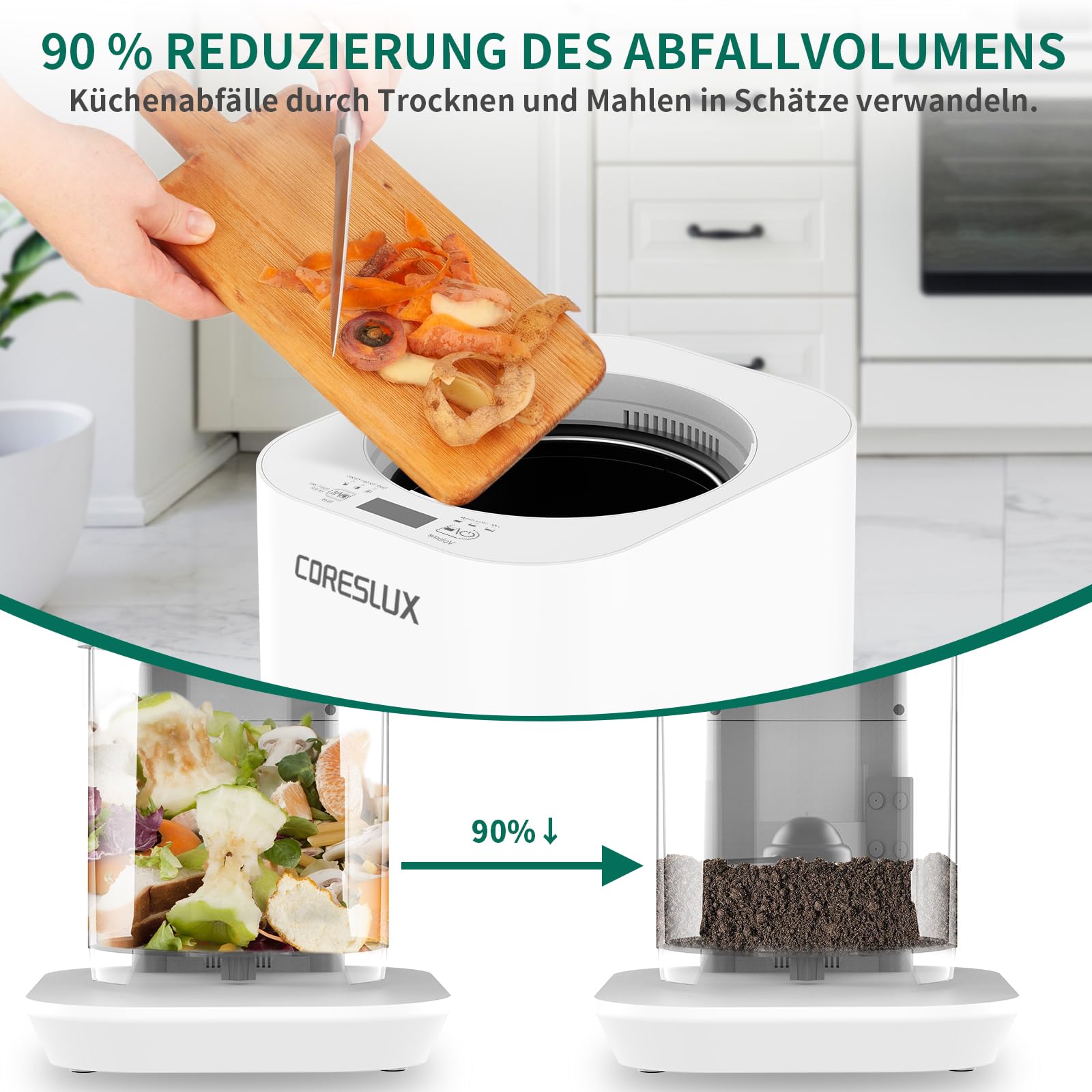 Elektrischer Komposter Küchen, 4L Geruchloser Küchenkomposteimer mit Kohlenstofffilter, 3 Modi, Selbstreinigend, Wandelt Küchenabfälle in Dünger, Geräuscharmer küchenkomposter